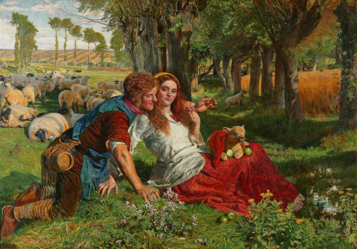 Holman Hunt's Hireling Shepherd: a neglectful shepherd distracted by a woman while sheep stray in a lush meadow
