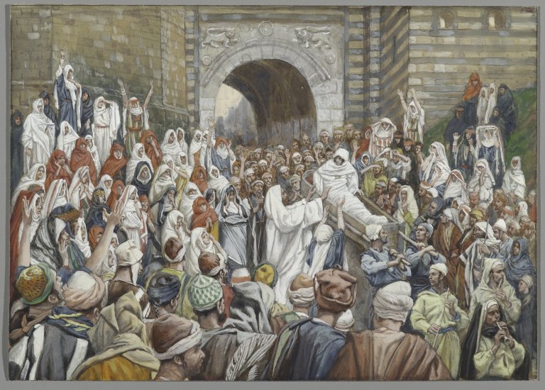 James Tissot's watercolor of Jesus stopping the funeral bier at Nain as the widow's son sits up among a great crowd