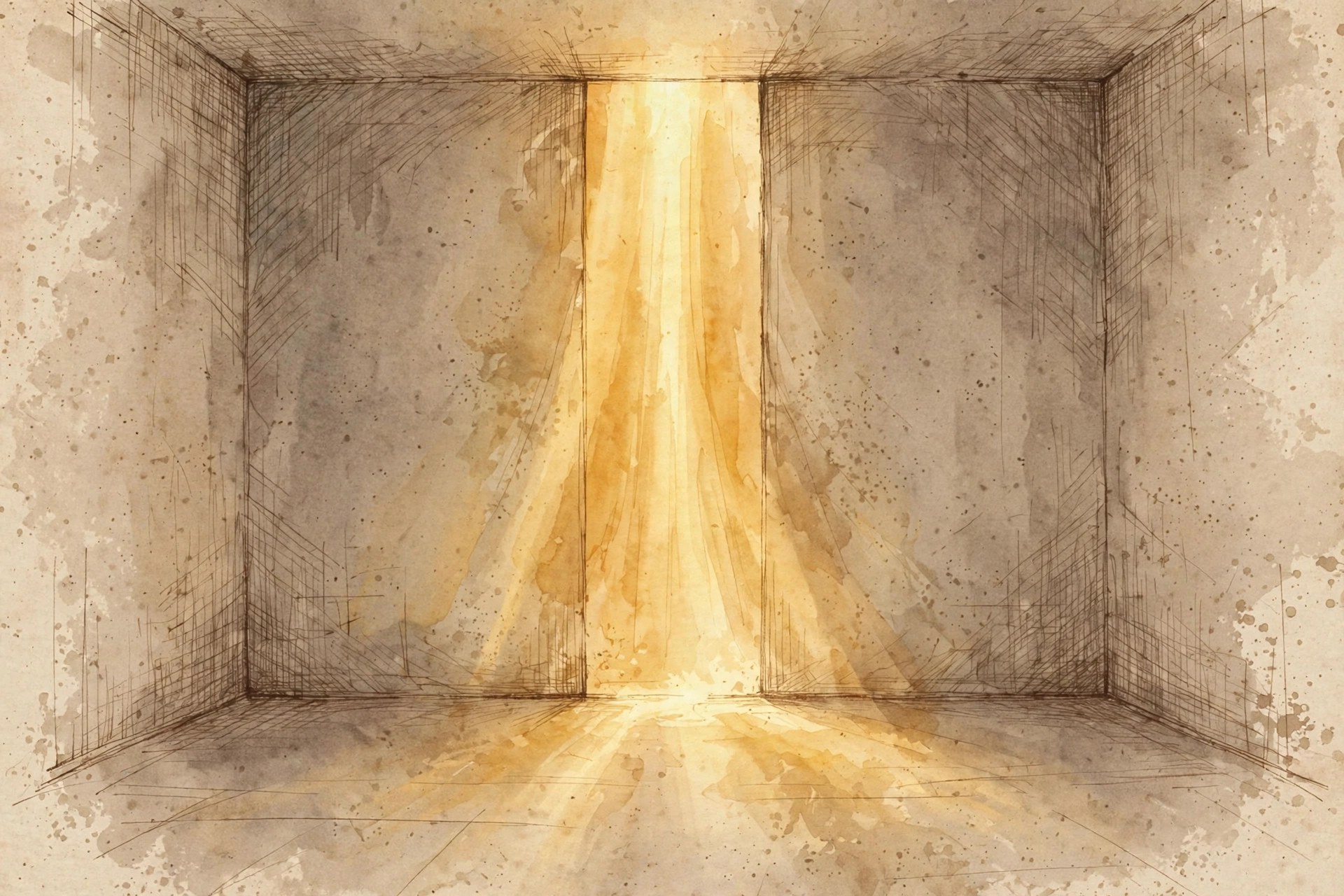 Abstract illustration: a shaft of golden light opening like a doorway into a quiet empty space