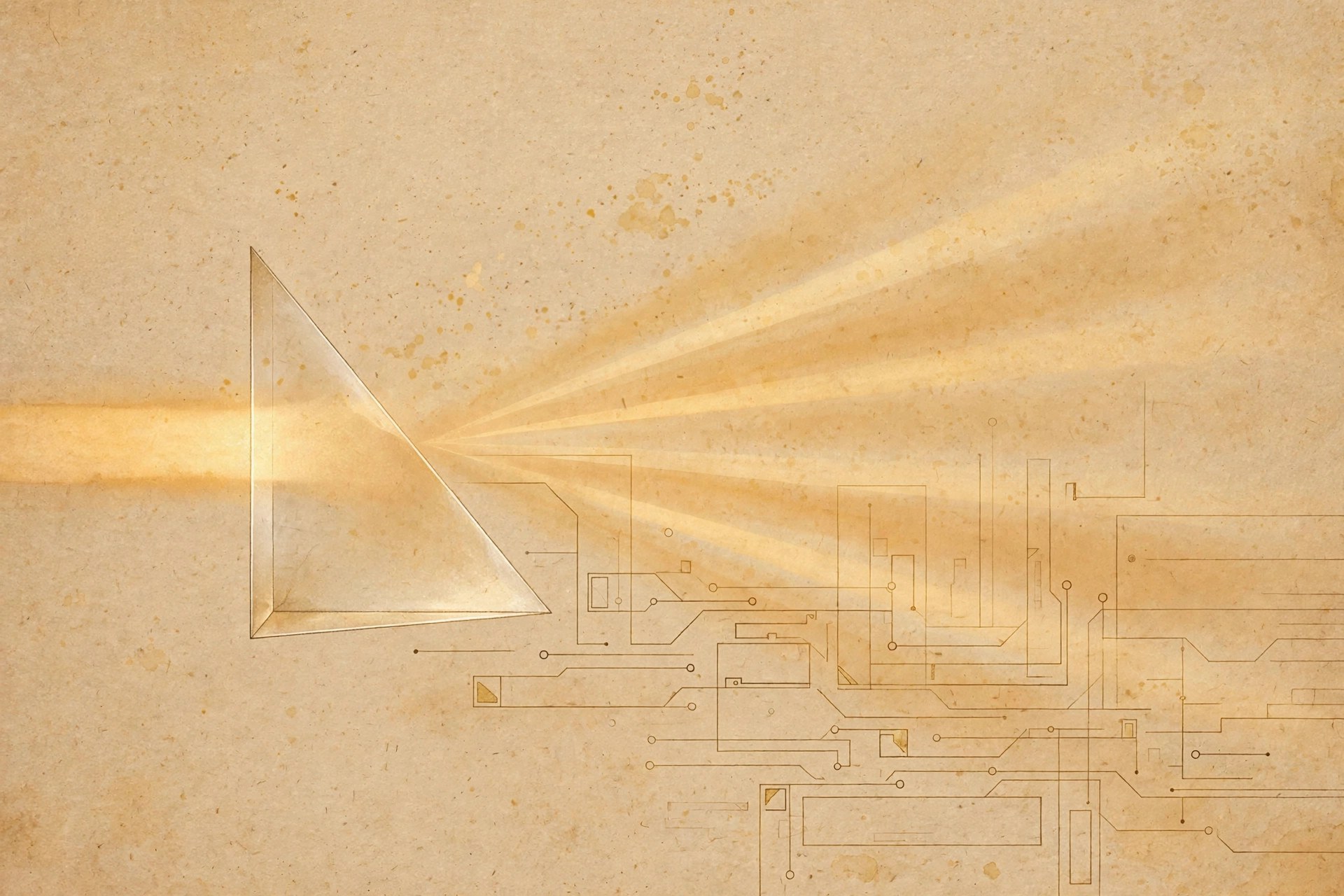 Abstract illustration: a prism splitting warm golden light into soft rays beside faint geometric circuit lines