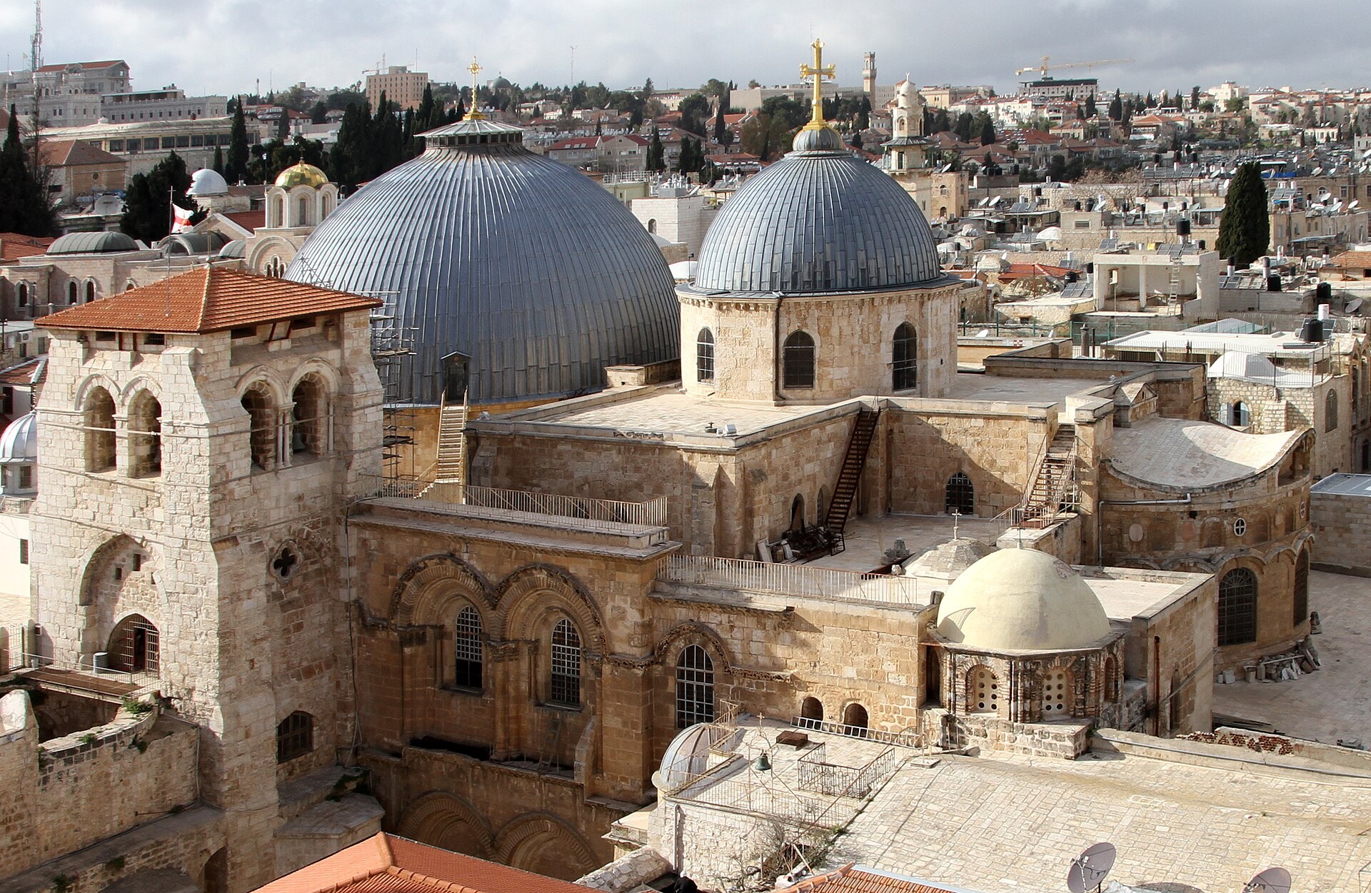 Exterior of the Church of the Holy Sepulchre in Jerusalem showing the Crusader bell tower and the great rotunda dome