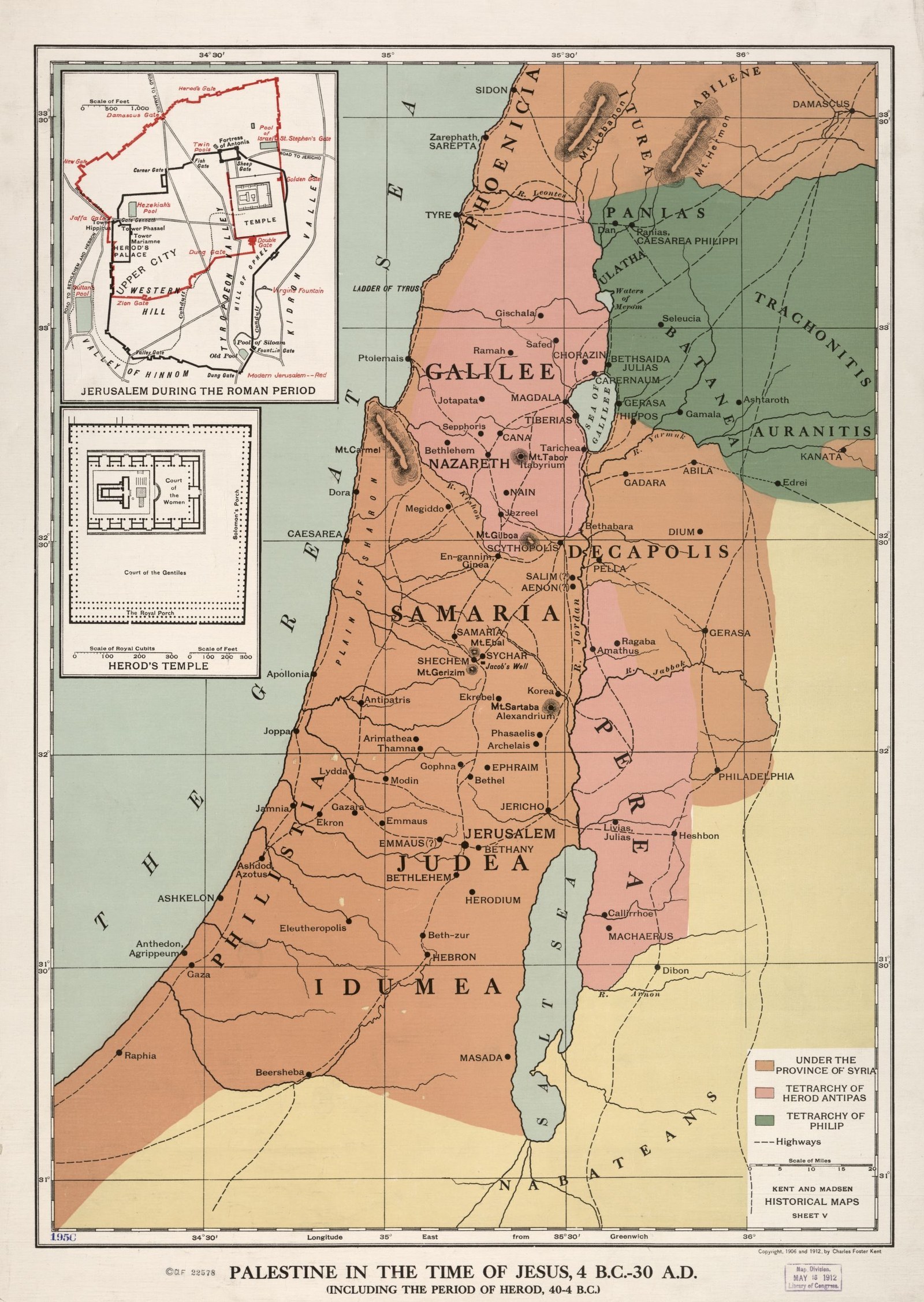 1912 map of Palestine in the time of Jesus, showing Galilee, Samaria, and Judea