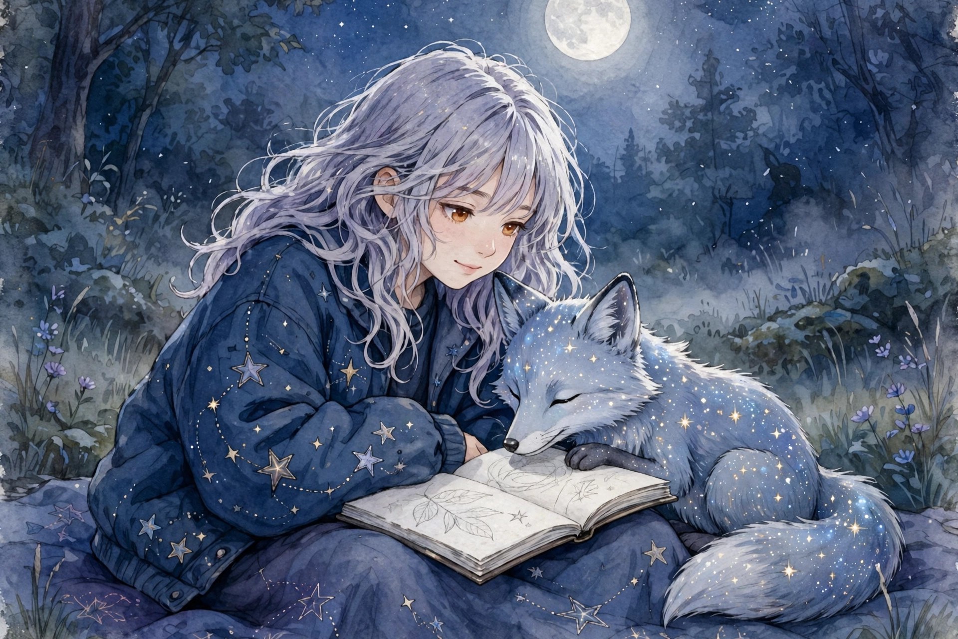 AI-generated illustration of Juno Vale sitting under the moon with Wren the starfox