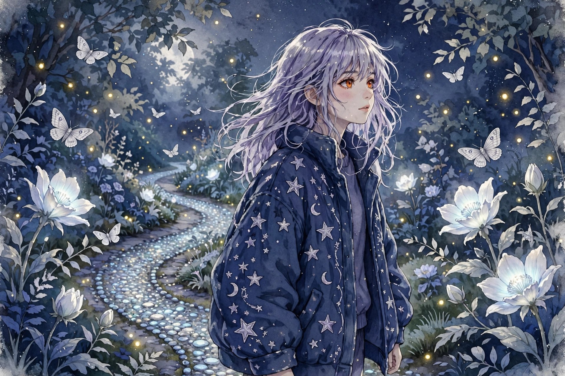 Juno Vale walking through the moonlit Dream Garden among glowing moonflowers