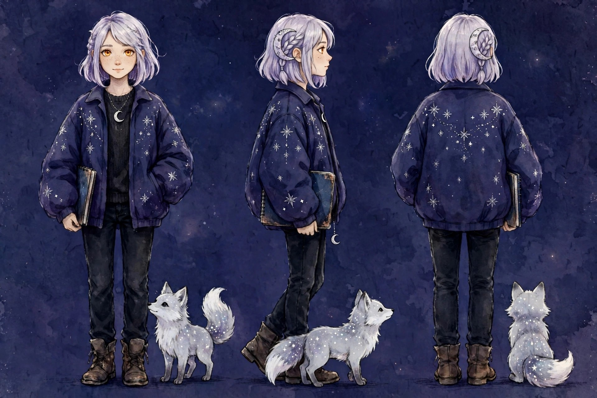 Full-body AI-generated illustration of Juno Vale with her sketchbook and Wren the starfox