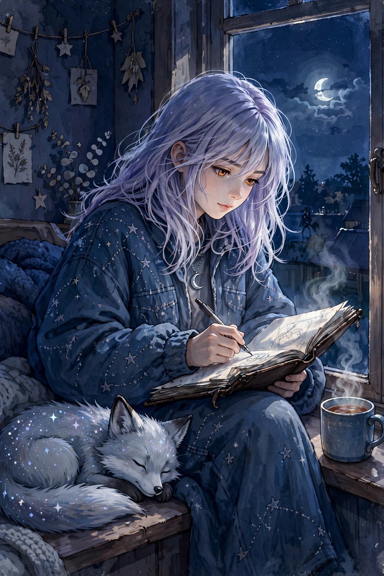 Juno Vale writing in her sketchbook at a midnight windowsill