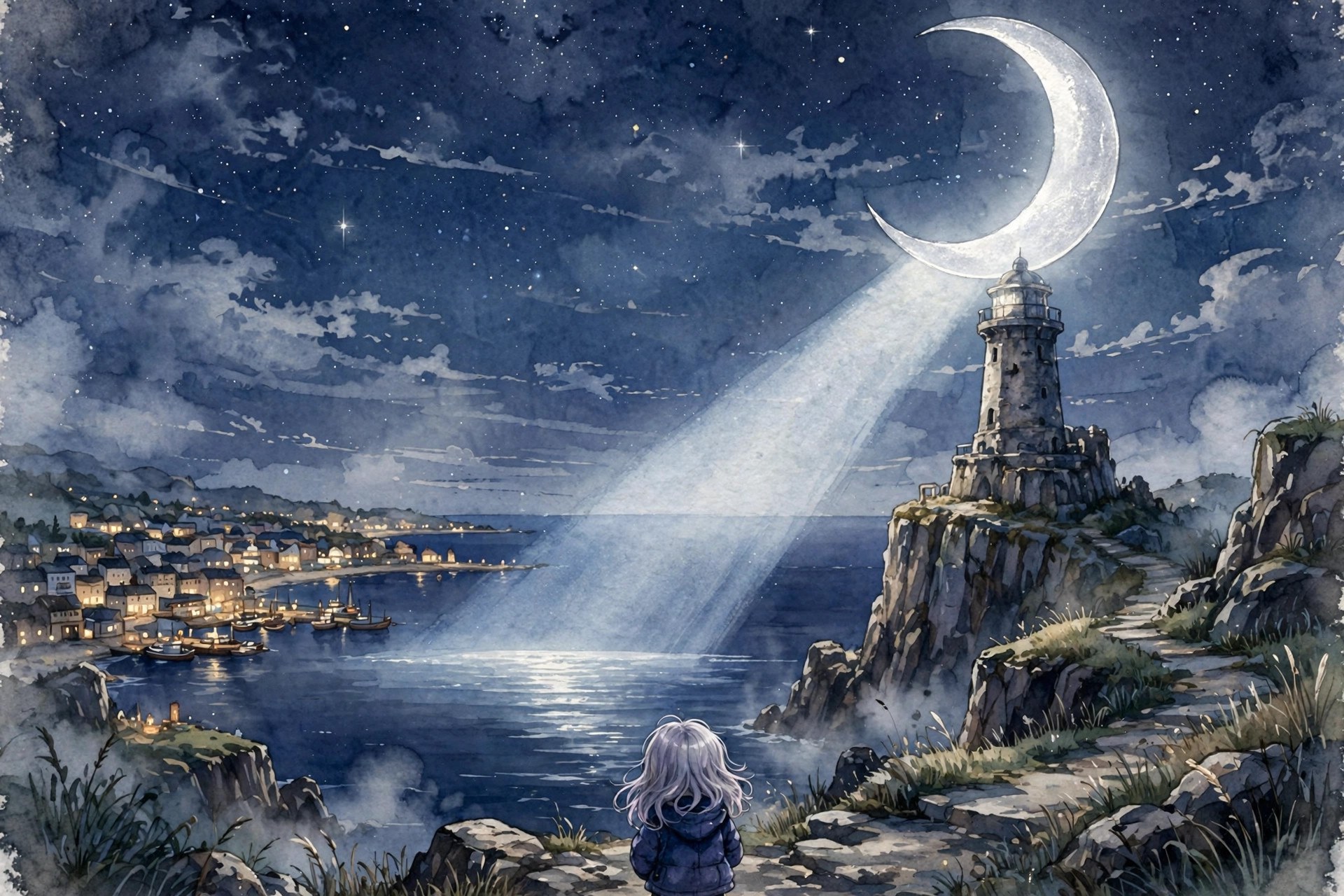 The Moonlighthouse with a crescent-moon beacon over a dark sea