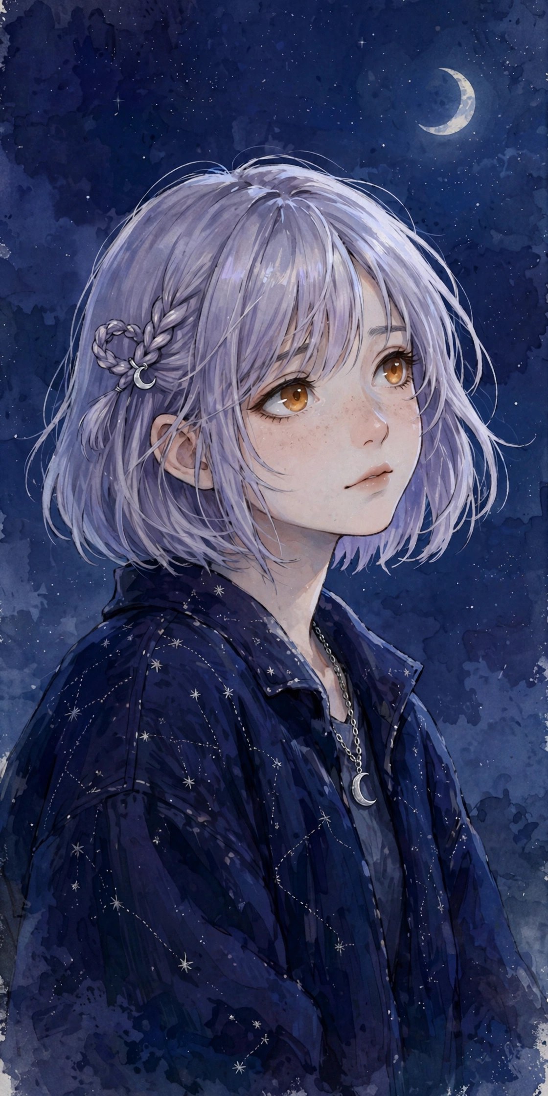 AI-generated portrait of Juno Vale, a fictional girl with silver-lavender hair and a crescent pendant, against a night sky