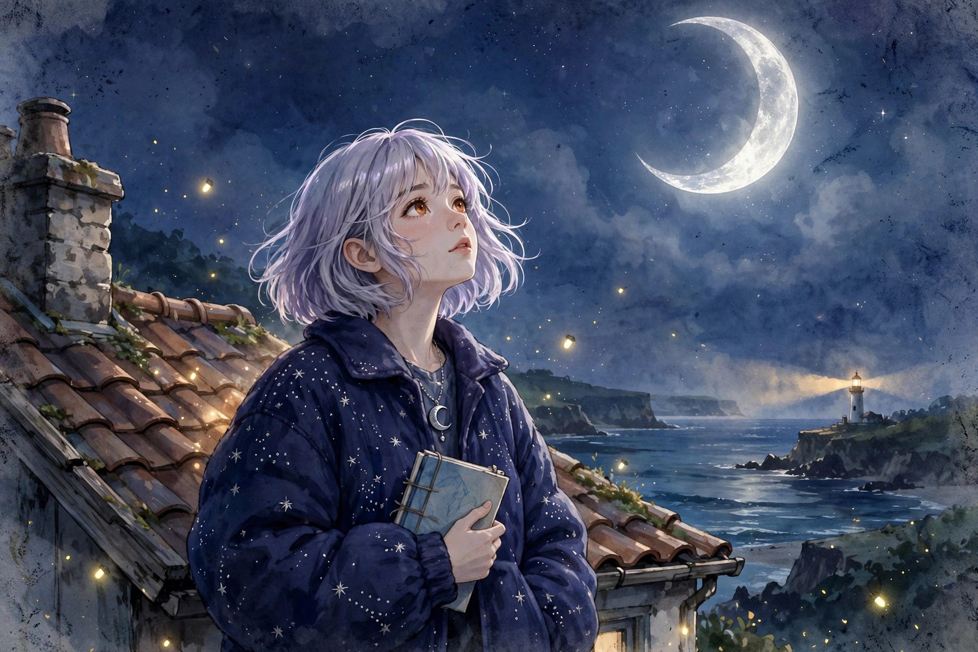 Juno Vale on a rooftop at night gazing at the crescent moon