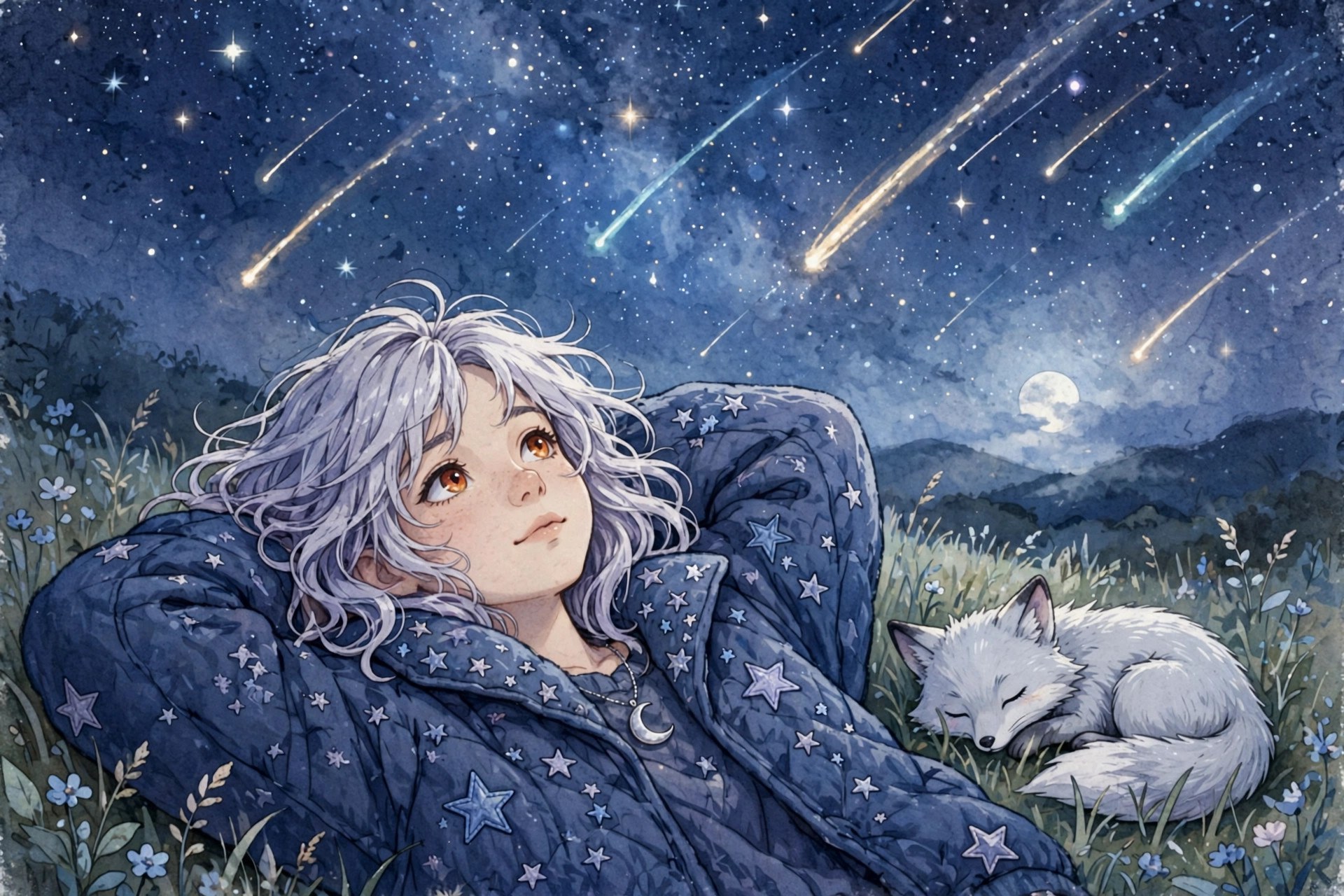 AI-generated illustration of Juno Vale watching a meteor shower with Wren