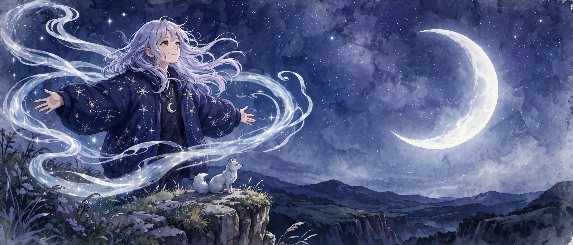 Wide AI-generated banner of Juno Vale on a moonlit clifftop for her stream