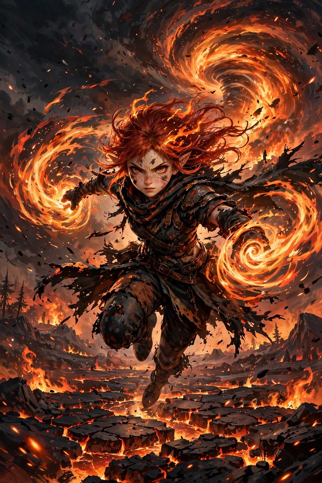 AI-generated dramatization art: Kaia leaping through the air trailing twin spirals of fire from her hands, a wildfire vortex exploding behind her over cracked magma ground