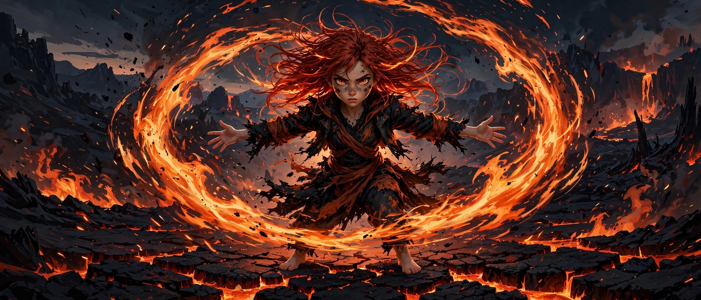 AI-generated dramatization art: Kaia, an animated girl with wild ember-red hair streaked with living flame, arms spread as a ring of wildfire spirals around her on cracked volcanic ground at dusk