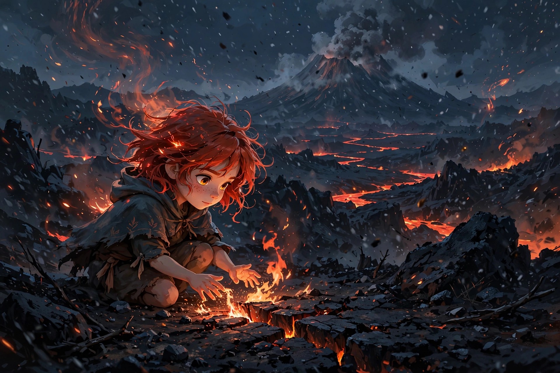 AI-generated dramatization art: a small girl with ember-red hair crouching beside a crack in black volcanic rock where flames spark to life around her hands, a smoking volcano looming behind