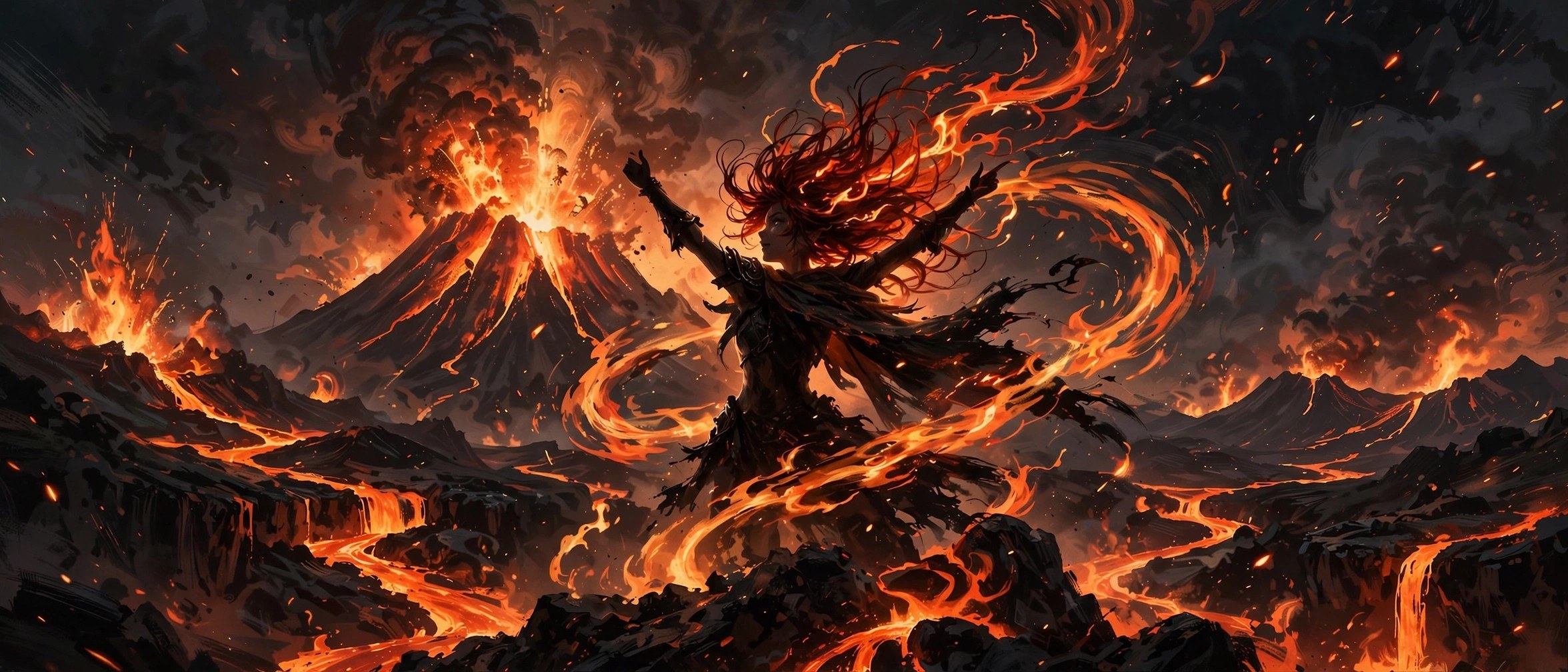 AI-generated dramatization art: wide banner of Kaia silhouetted against an erupting volcano, arms raised, wildfire spiraling around her