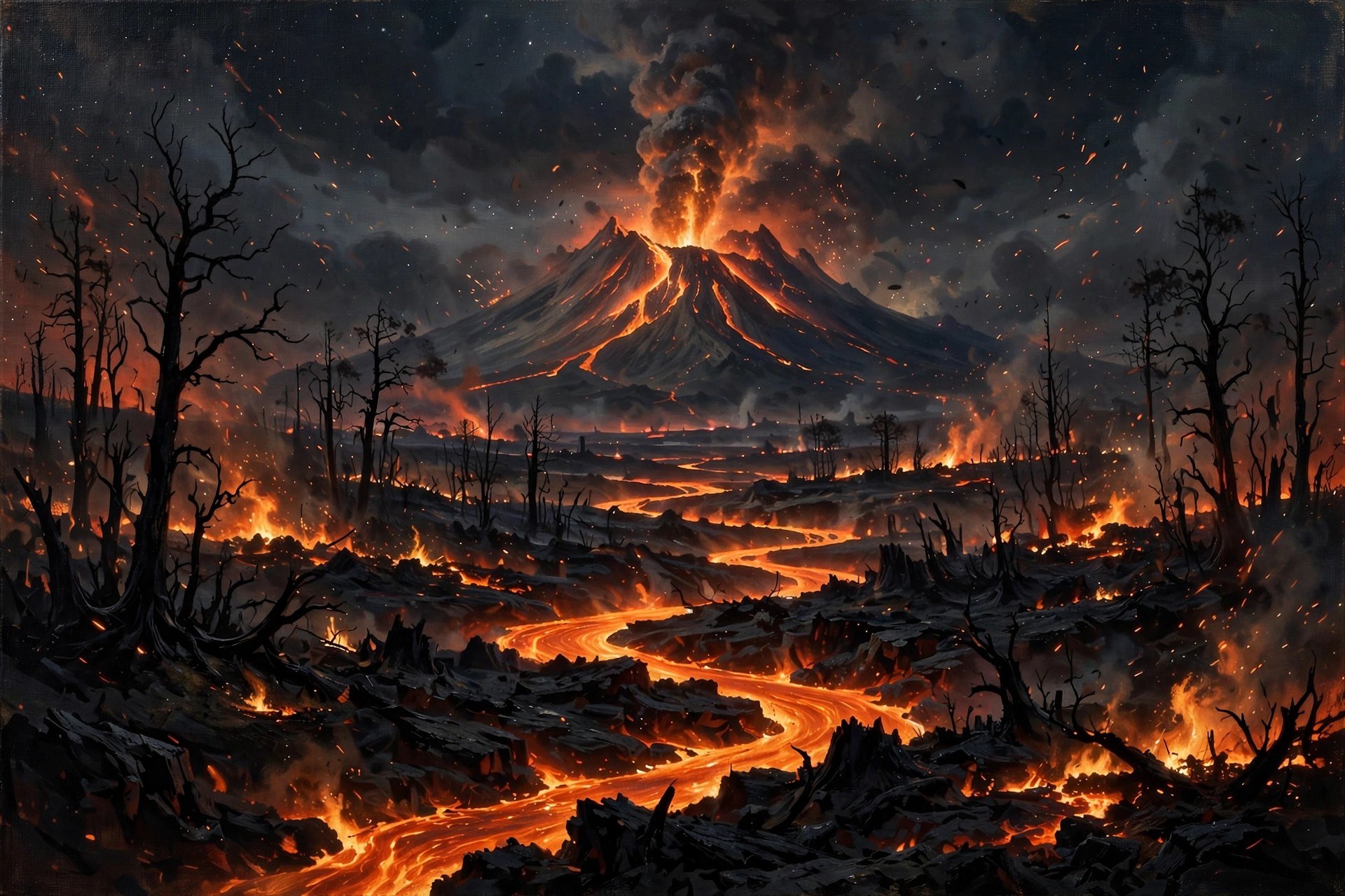 AI-generated dramatization art: volcanic wilds at night, a smoking volcano erupting in the distance, rivers of lava through black charred rock, drifting ash and embers