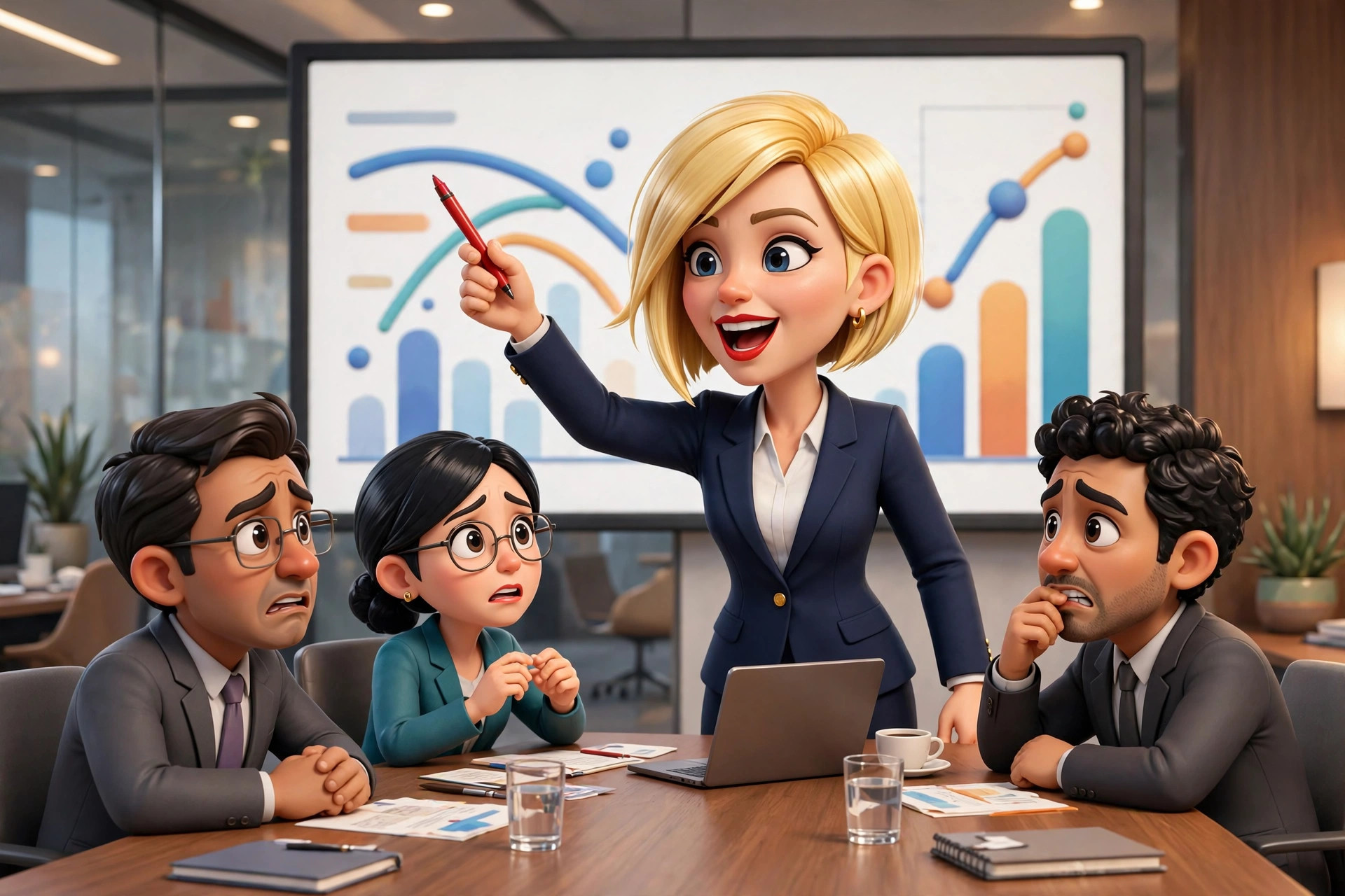 AI-generated portrait/scene of the fictional Vizlings character karen CEO (scene). AI-generated dramatization art.