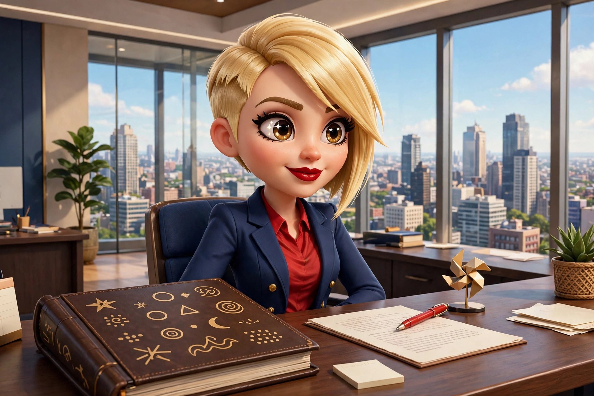 AI-generated portrait/scene of the fictional Vizlings character karen CEO (scene). AI-generated dramatization art.