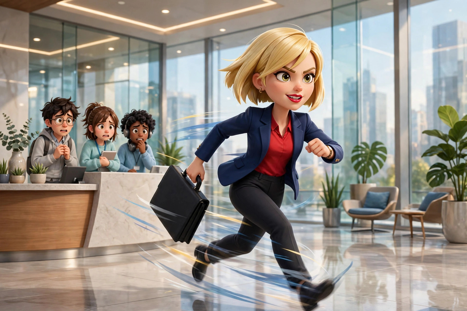 AI-generated portrait/scene of the fictional Vizlings character karen CEO (scene). AI-generated dramatization art.