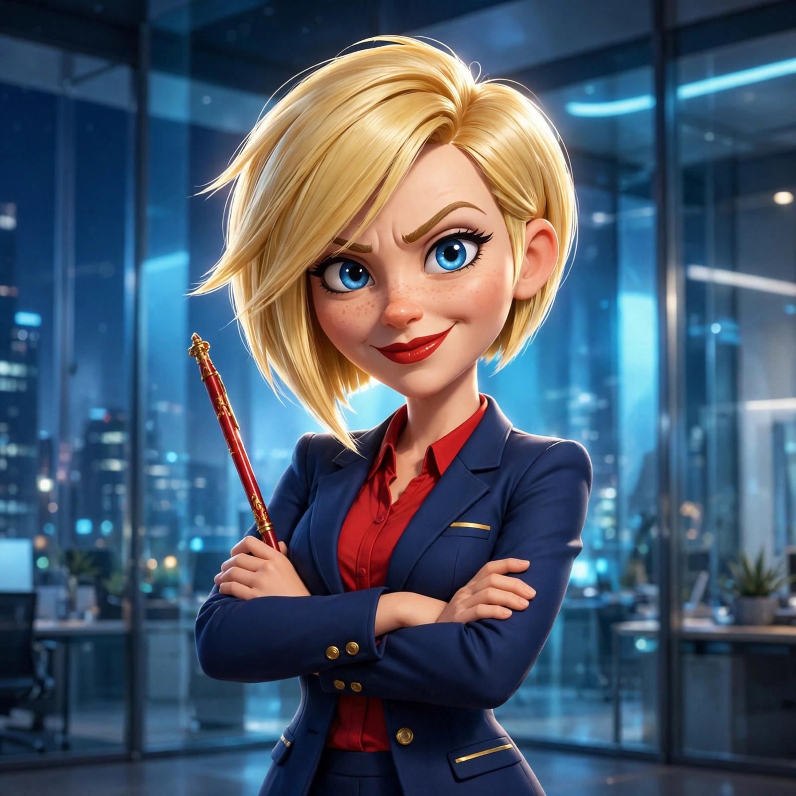 AI-generated portrait/scene of the fictional Vizlings character karen CEO (portrait). AI-generated dramatization art.