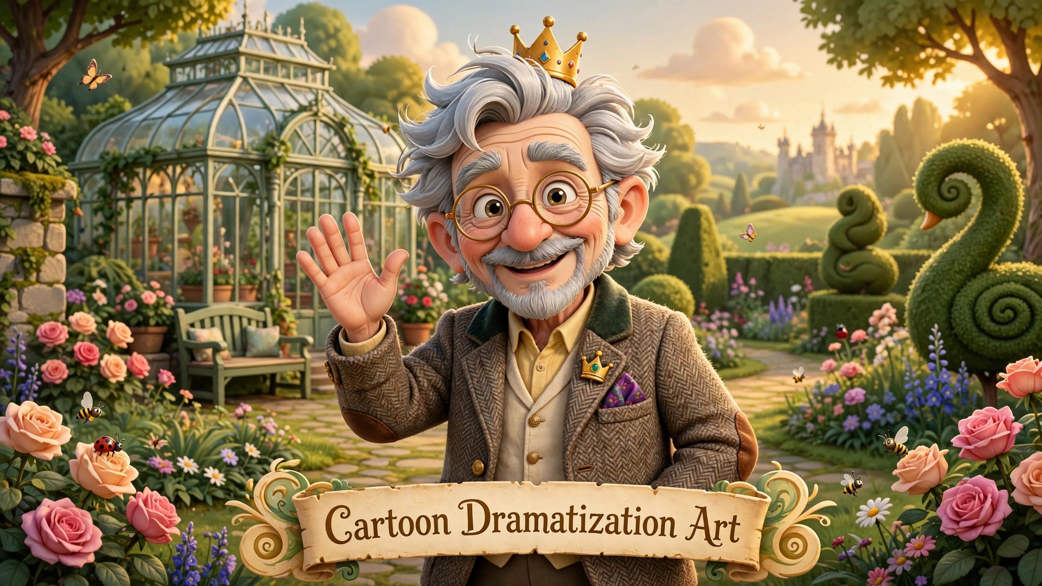AI-generated illustration of the stream's animated King Charles character in the Vizlings character style, in a royal garden with topiary