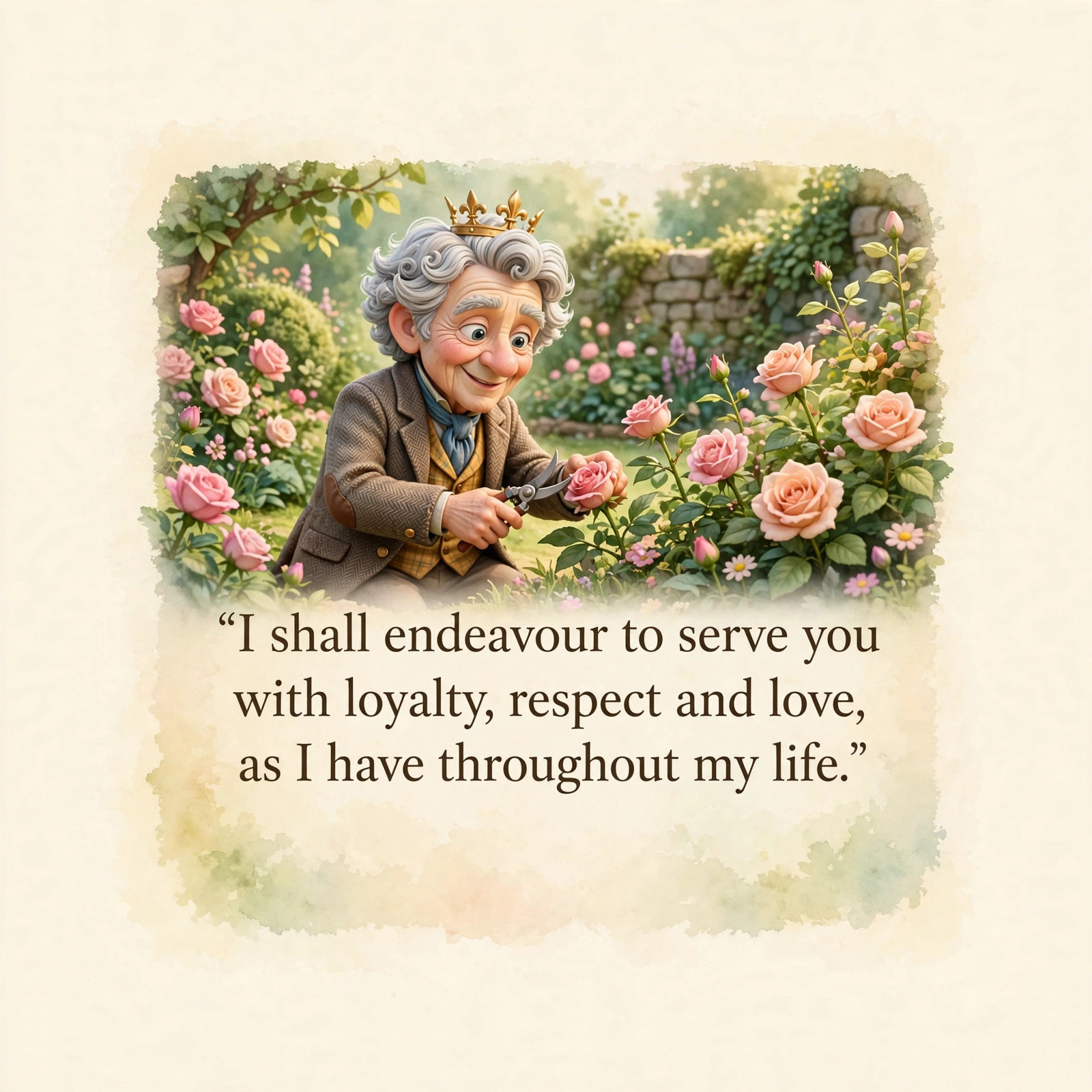 AI-generated shareable quote card of the animated King Charles character in a garden