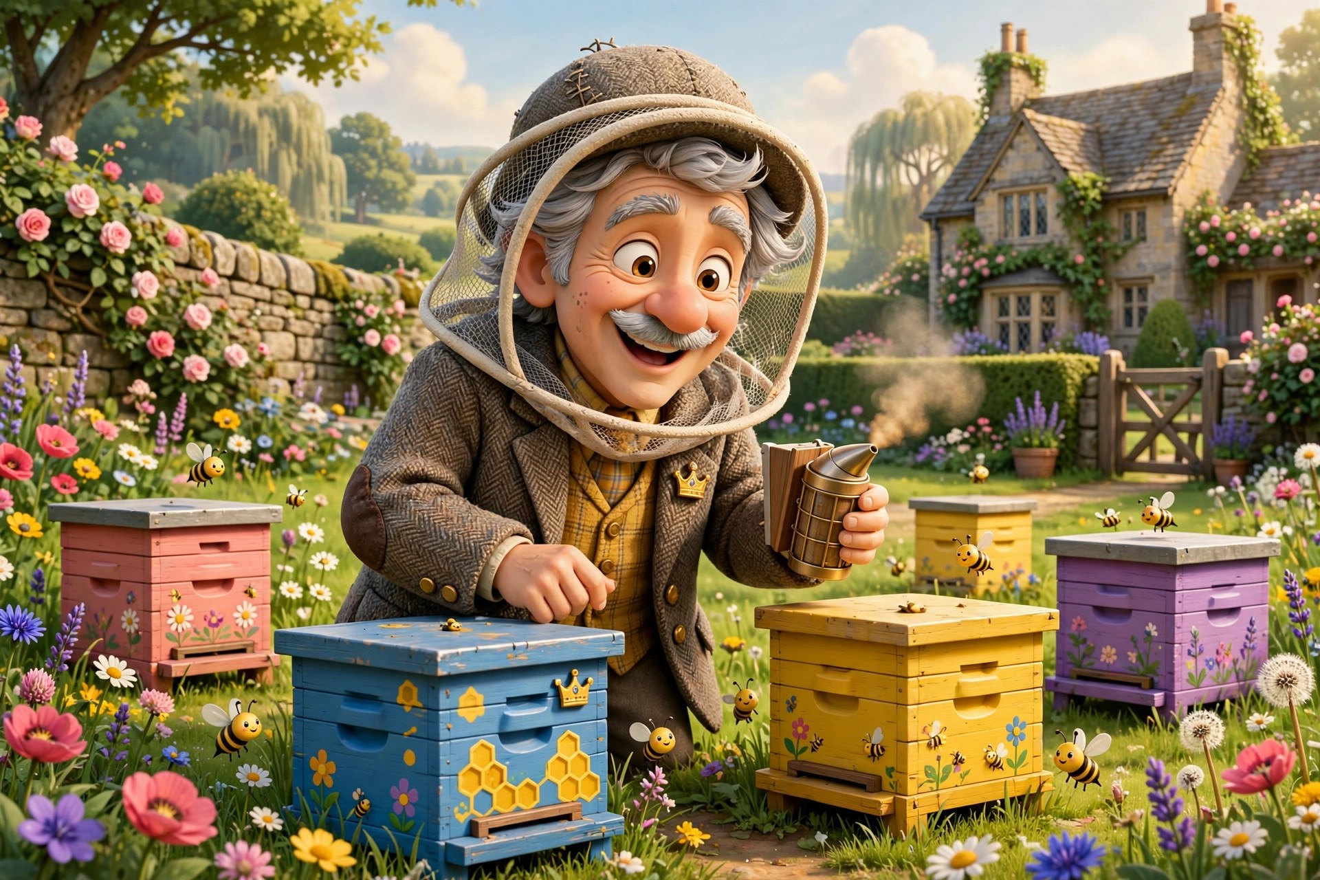 AI-generated dramatization art: the character with beehives