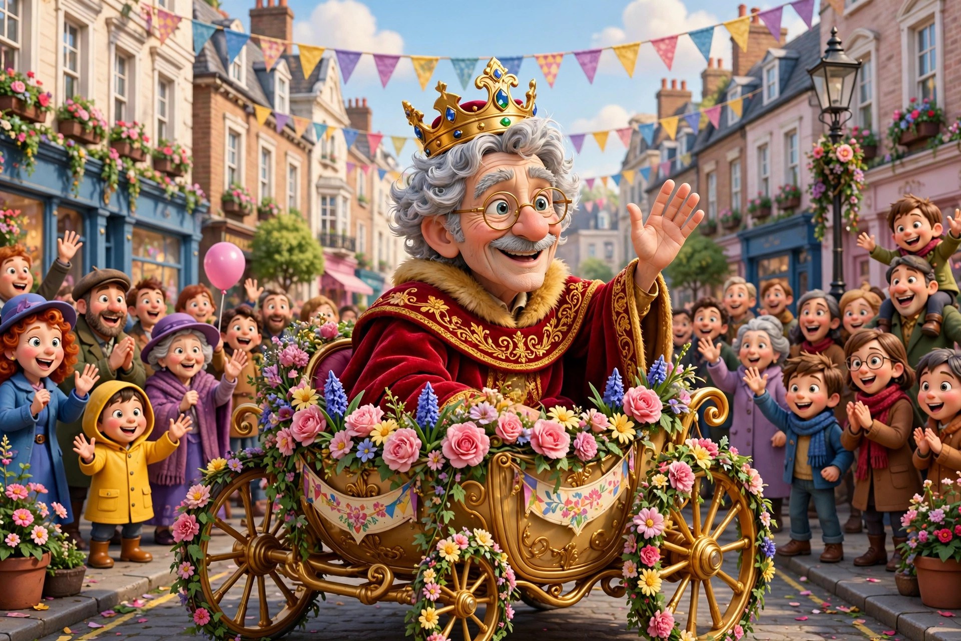 AI-generated dramatization art: the character at a cartoon coronation