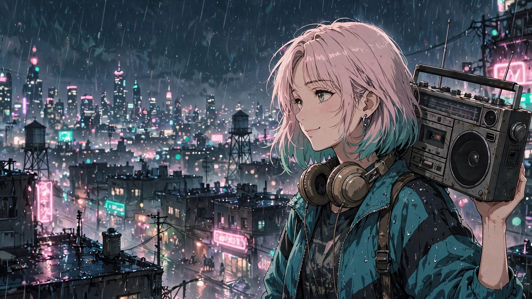 Lana Reed with a radio boombox before a neon city skyline at night — AI-generated dramatization art, stream banner placeholder