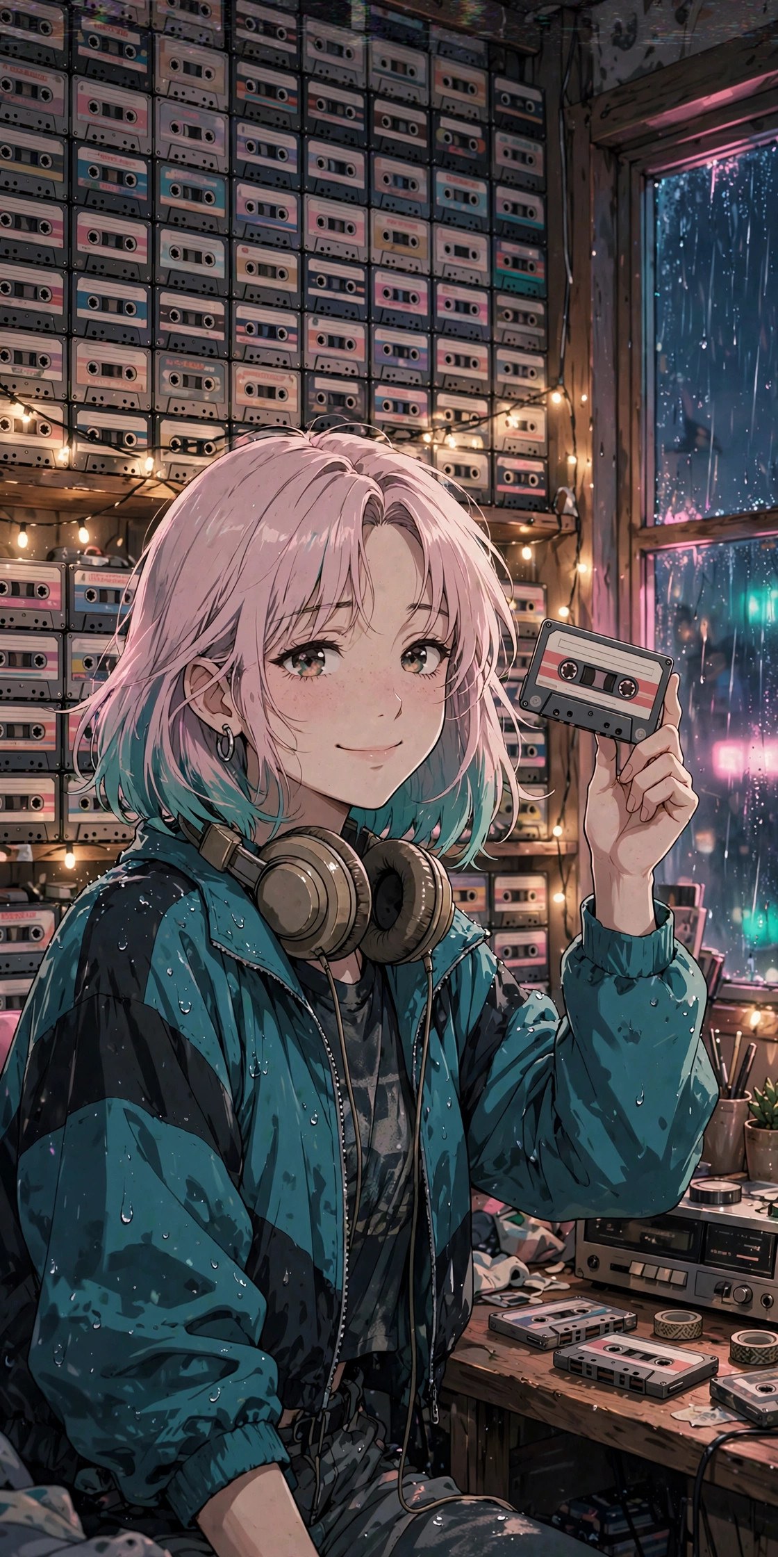 Lana before the towering cassette wall in her loft — AI-generated dramatization art