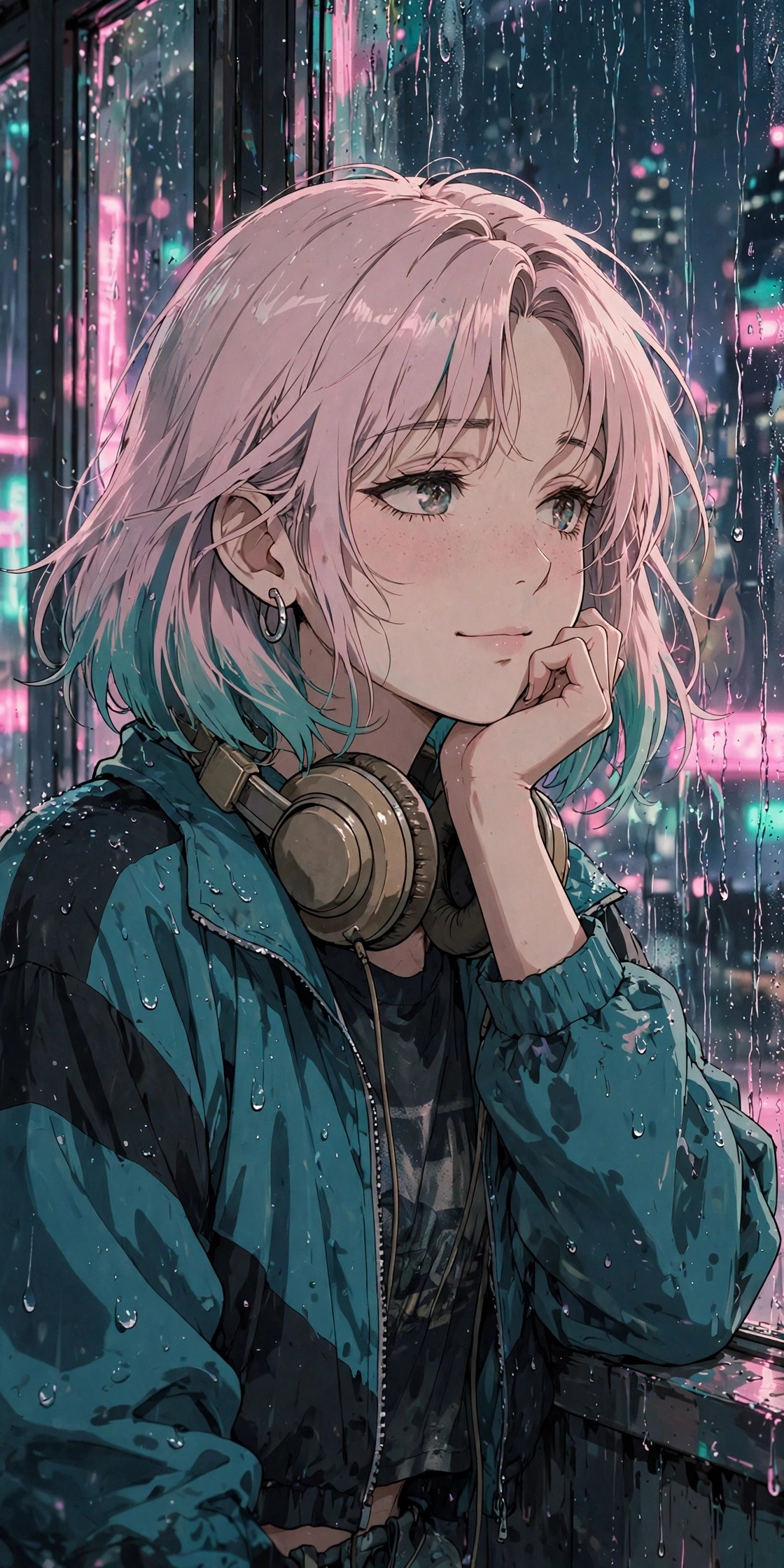 Lana leaning on a rain-streaked window, neon city beyond — AI-generated dramatization art