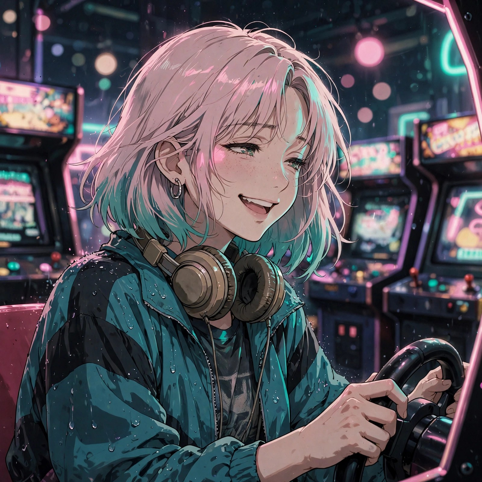 Lana laughing at the Pixel Palace arcade — AI-generated dramatization art