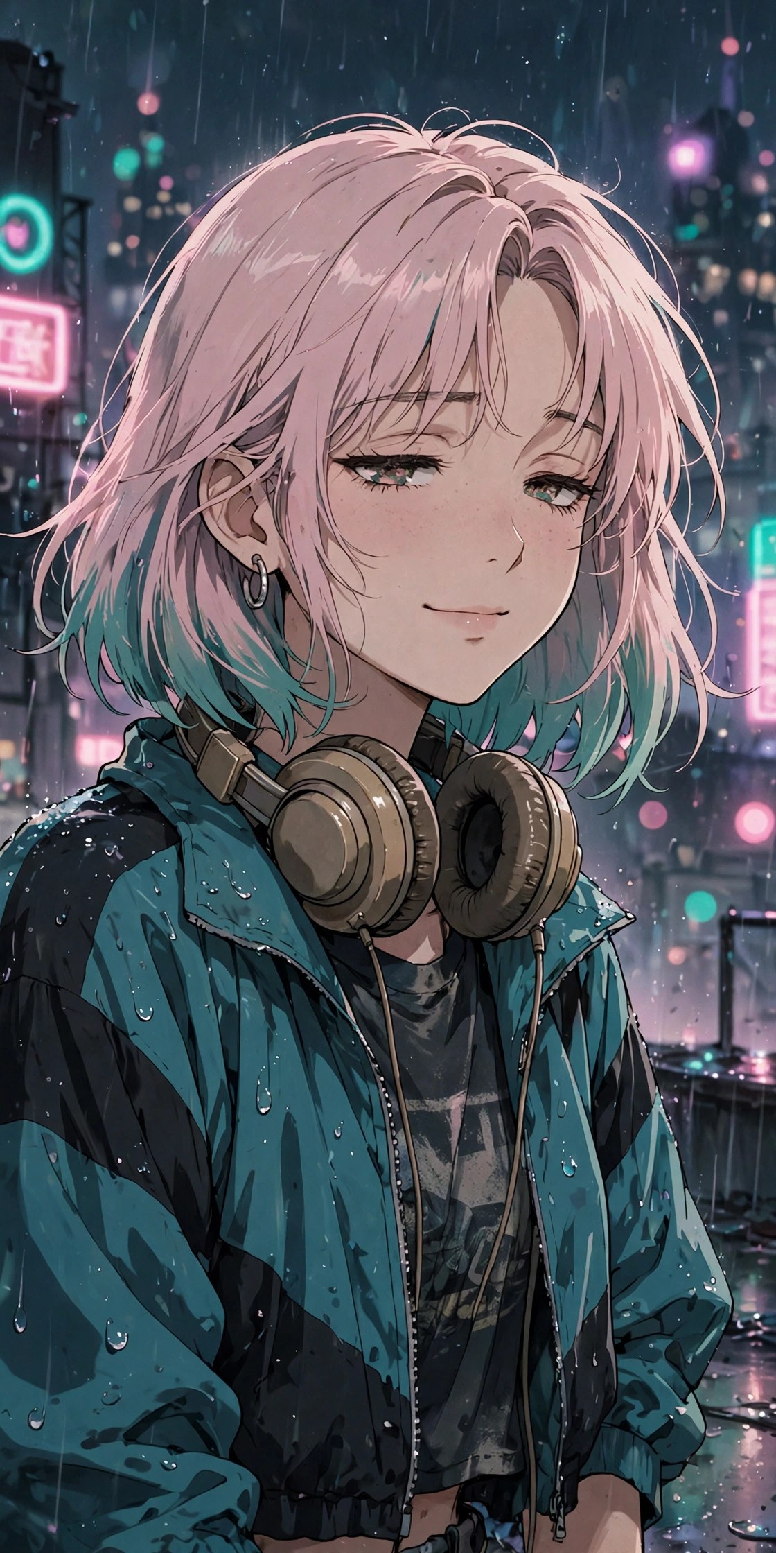 Lana Reed, an original fictional character: young woman with chin-length pastel-pink hair tipped in teal, headphones around her neck, in a rainy neon city at night — AI-generated dramatization art