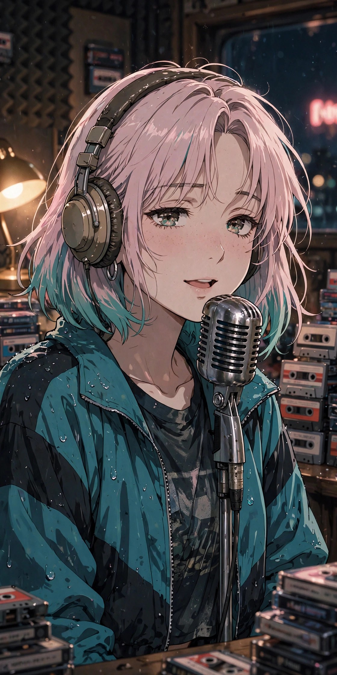 Lana speaking into the studio microphone — AI-generated dramatization art