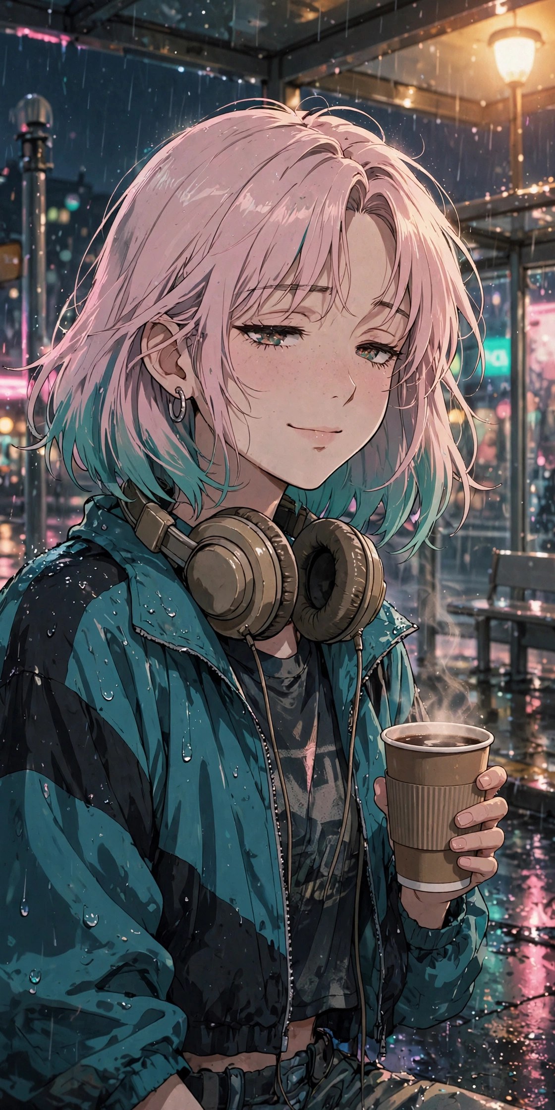 Lana at the rain-soaked 5th & Vale bus stop — AI-generated dramatization art