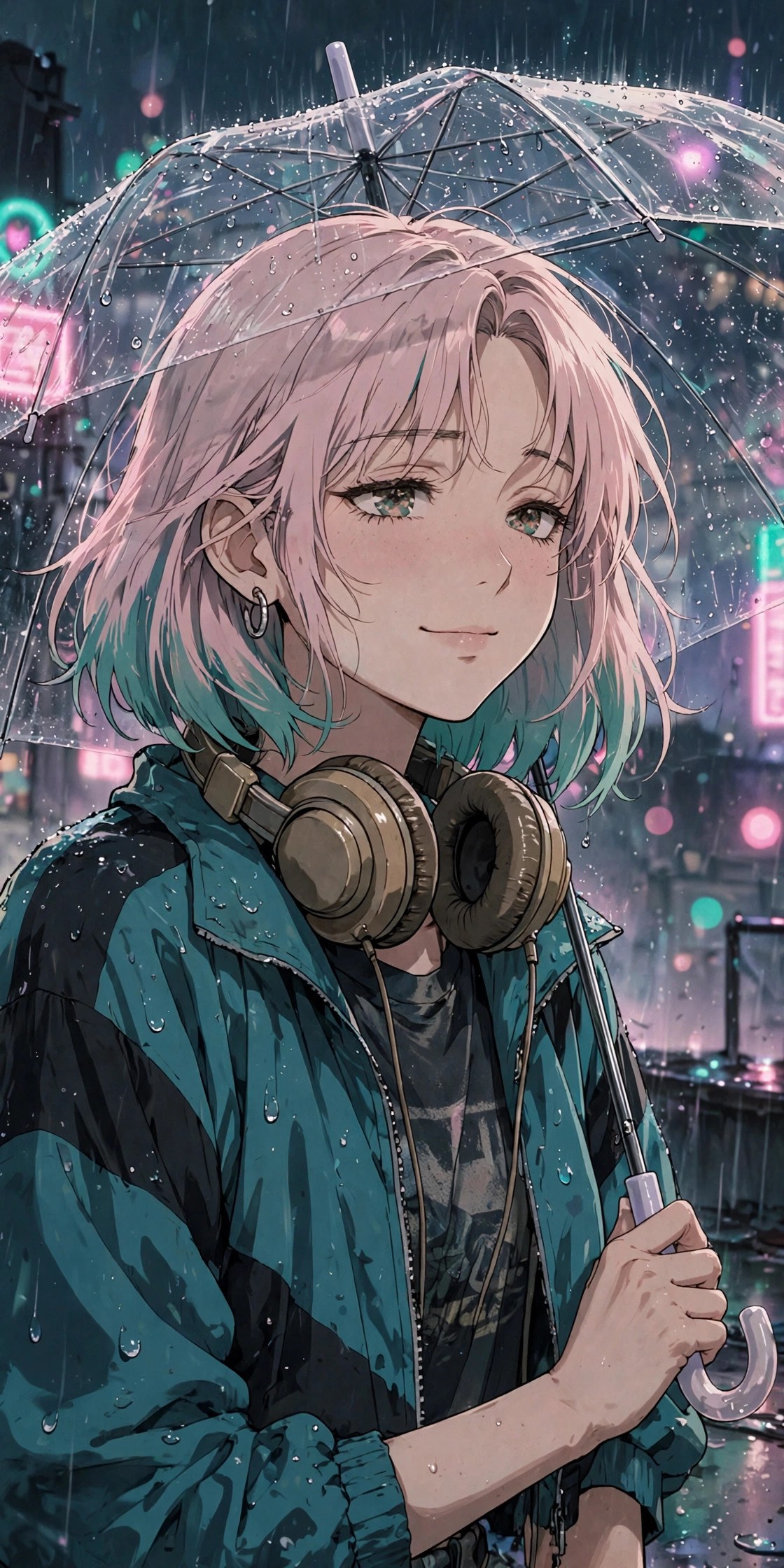 Lana with a transparent umbrella in night rain — AI-generated dramatization art