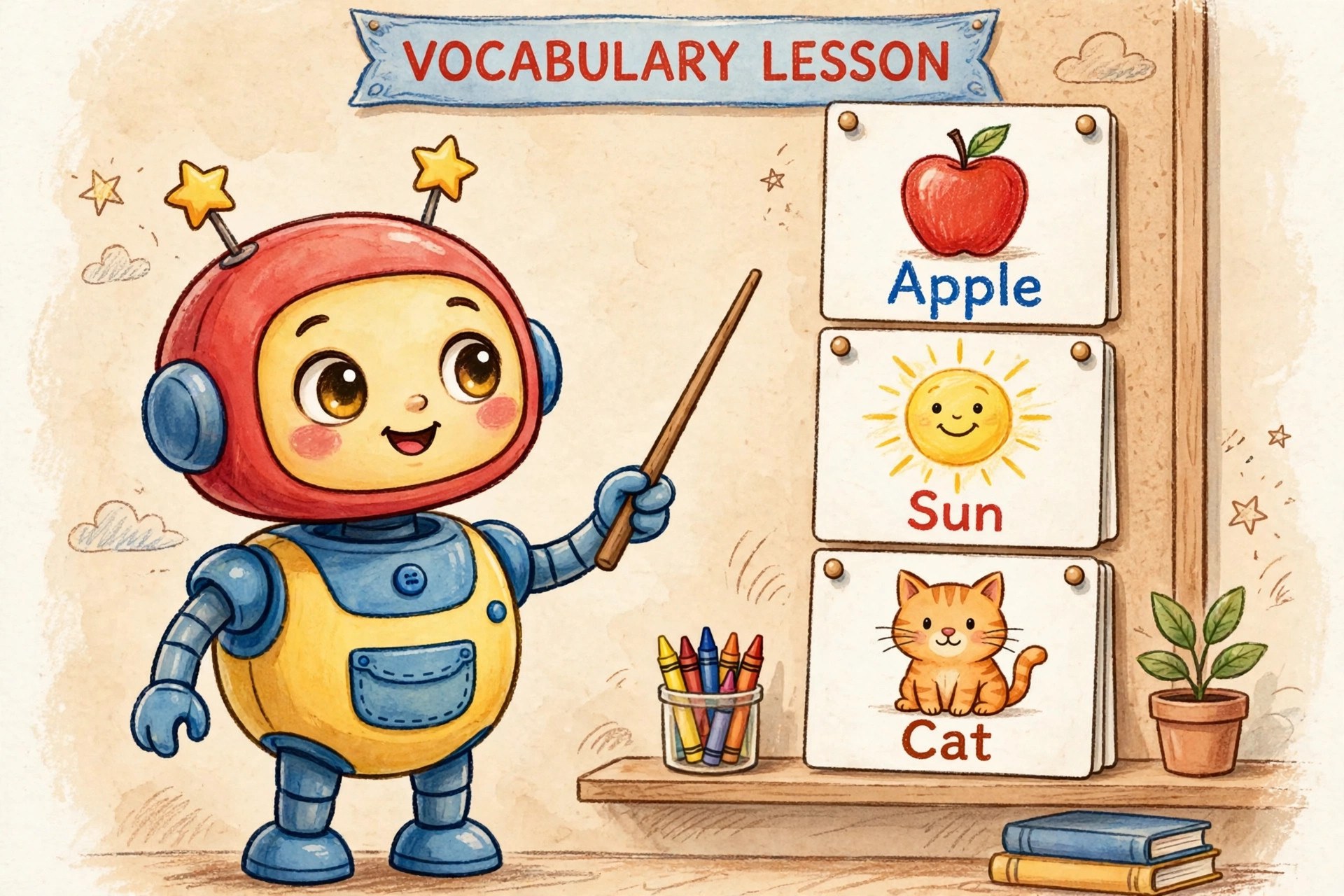 AI-generated illustration of the fictional Vizlings English-lessons helper persona Learn English