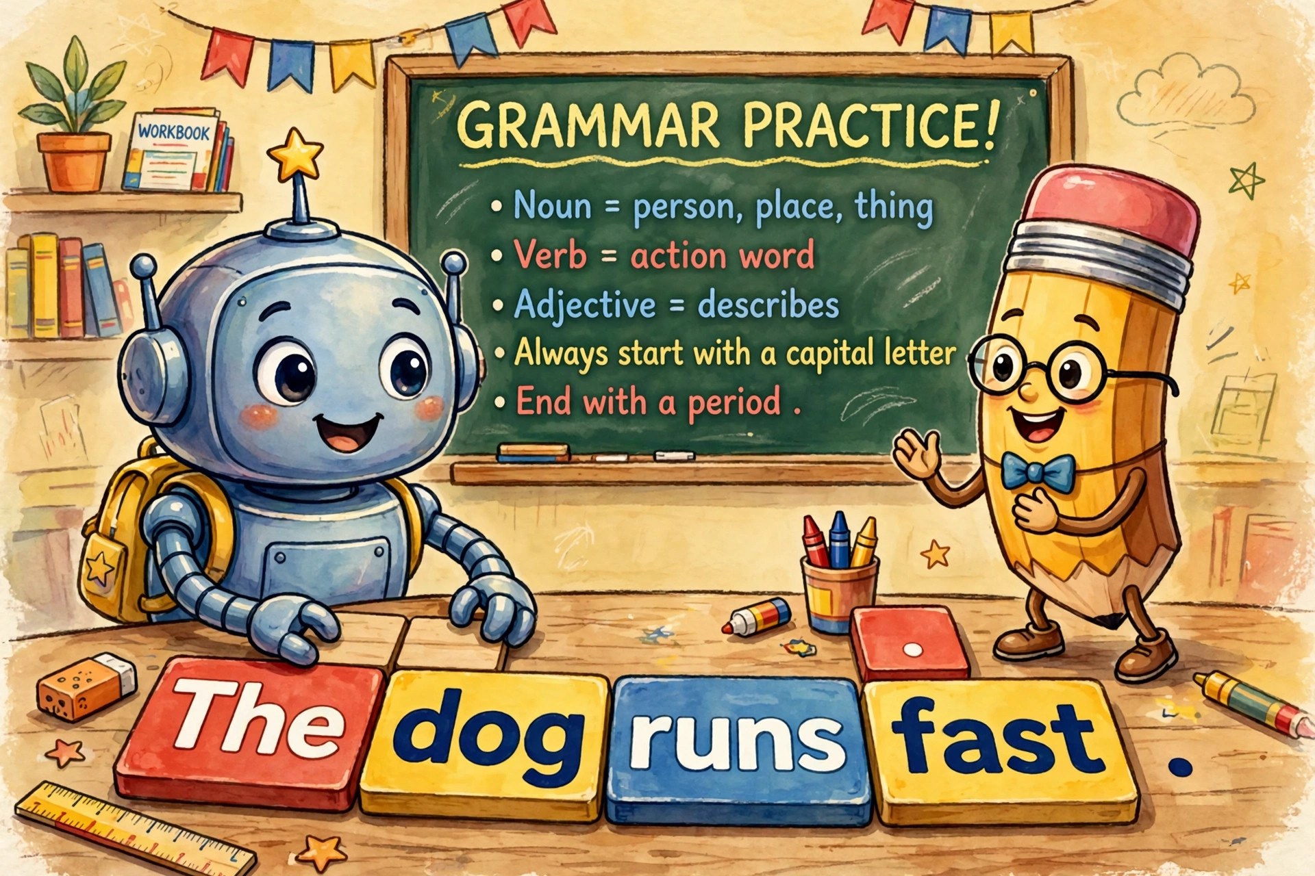 AI-generated illustration of the fictional Vizlings English-lessons helper persona Learn English