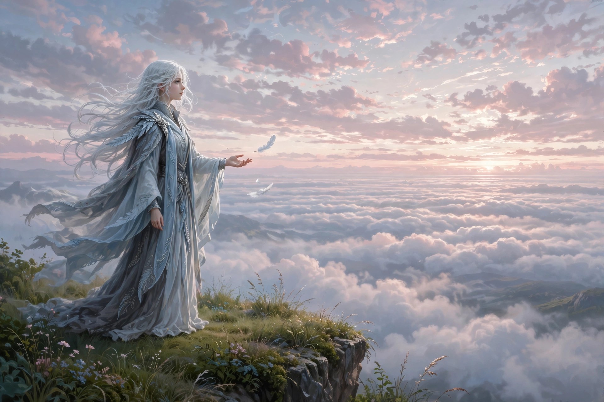 AI-generated dramatization art: Leyra at dawn on a cliff