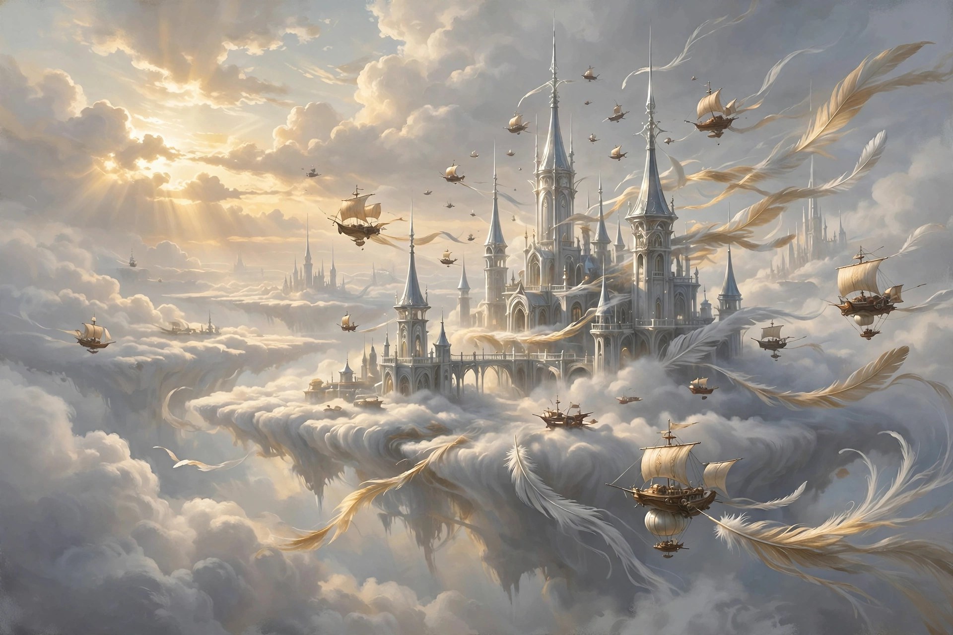 AI-generated dramatization art: a floating cloud city with silver spires
