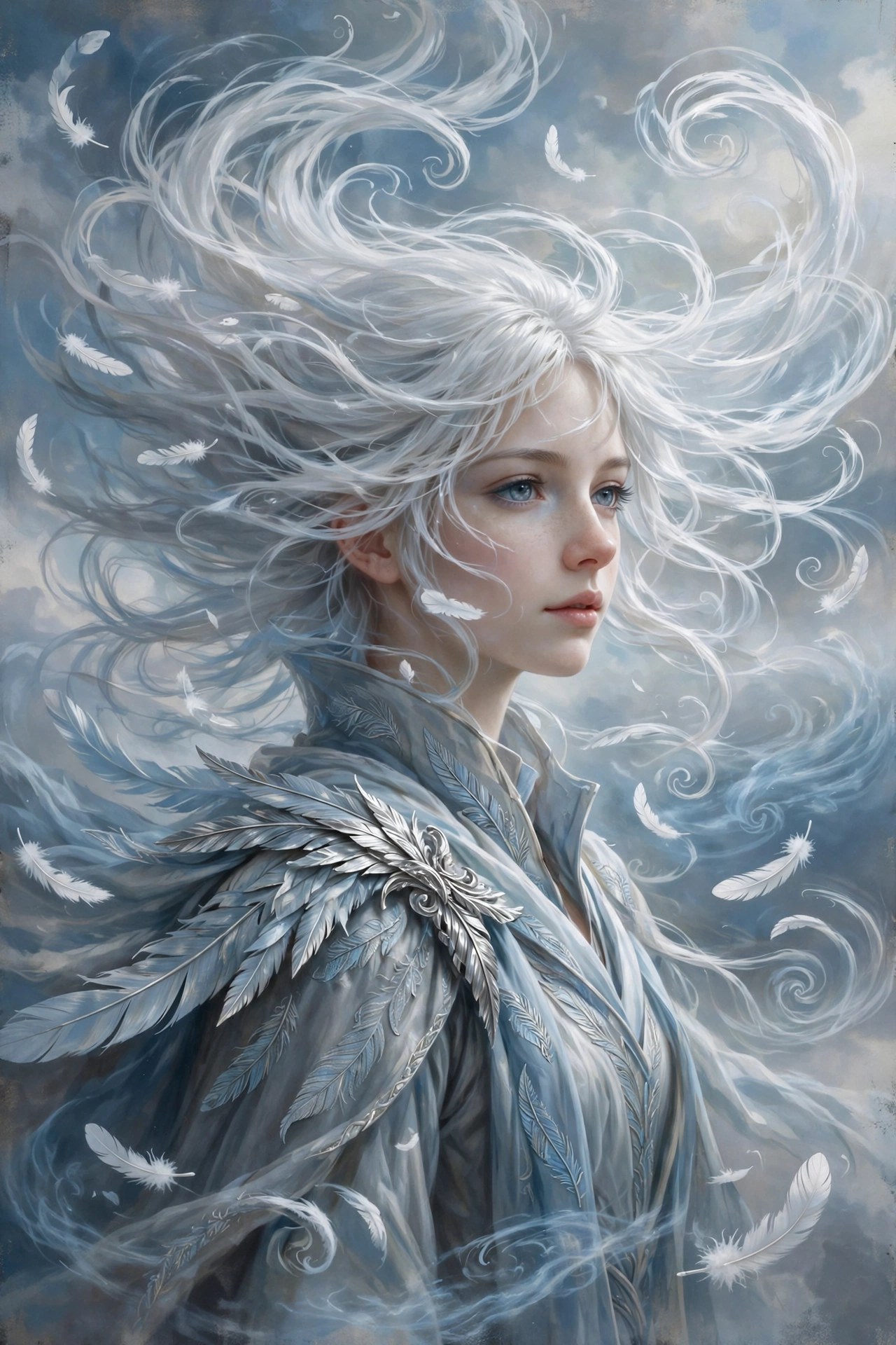 AI-generated dramatization art: Leyra Ashwind, a young woman with long silver-white hair swirling in the wind, wearing pale-blue feathered robes