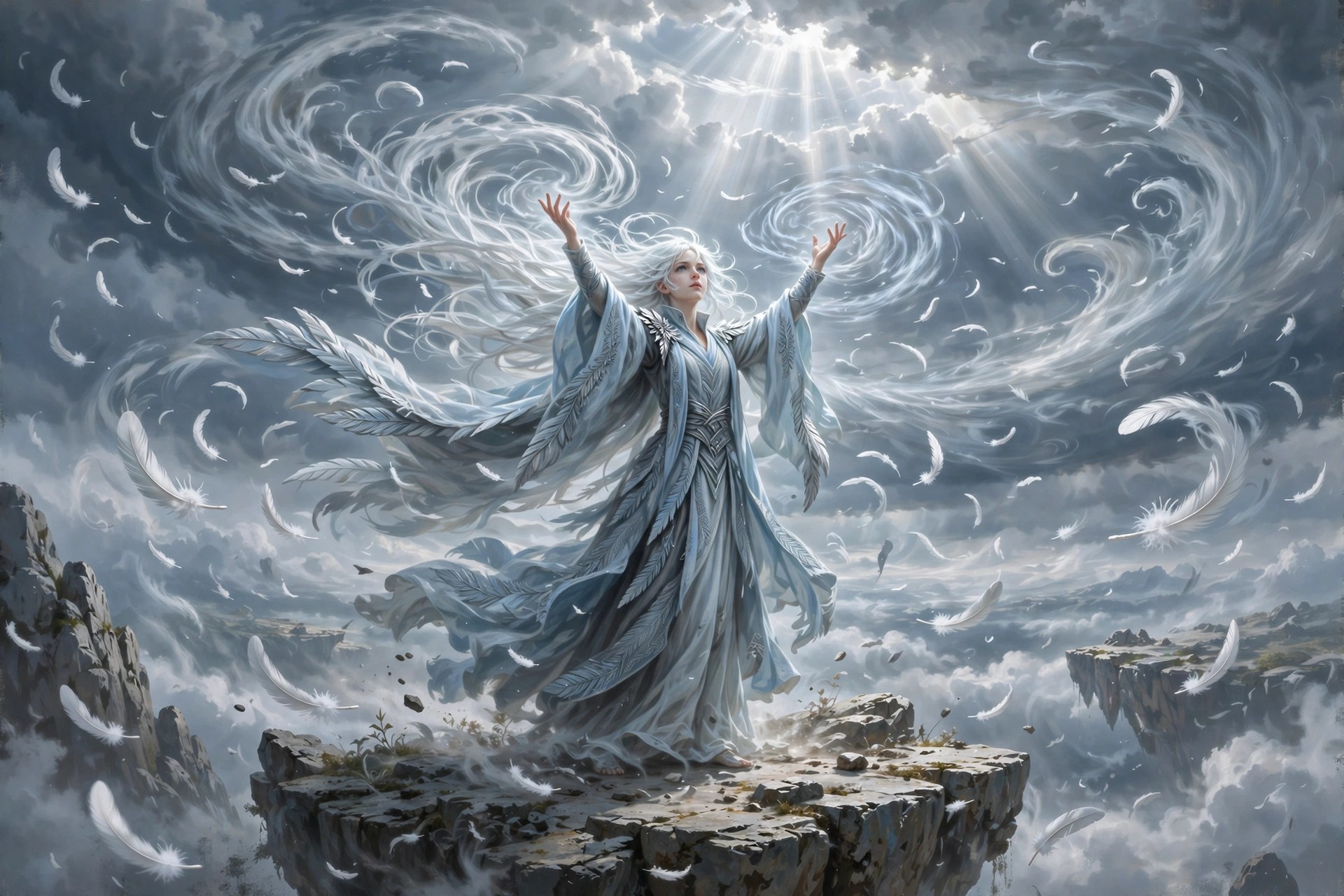 AI-generated dramatization art: Leyra commanding winds on a floating rock outcrop