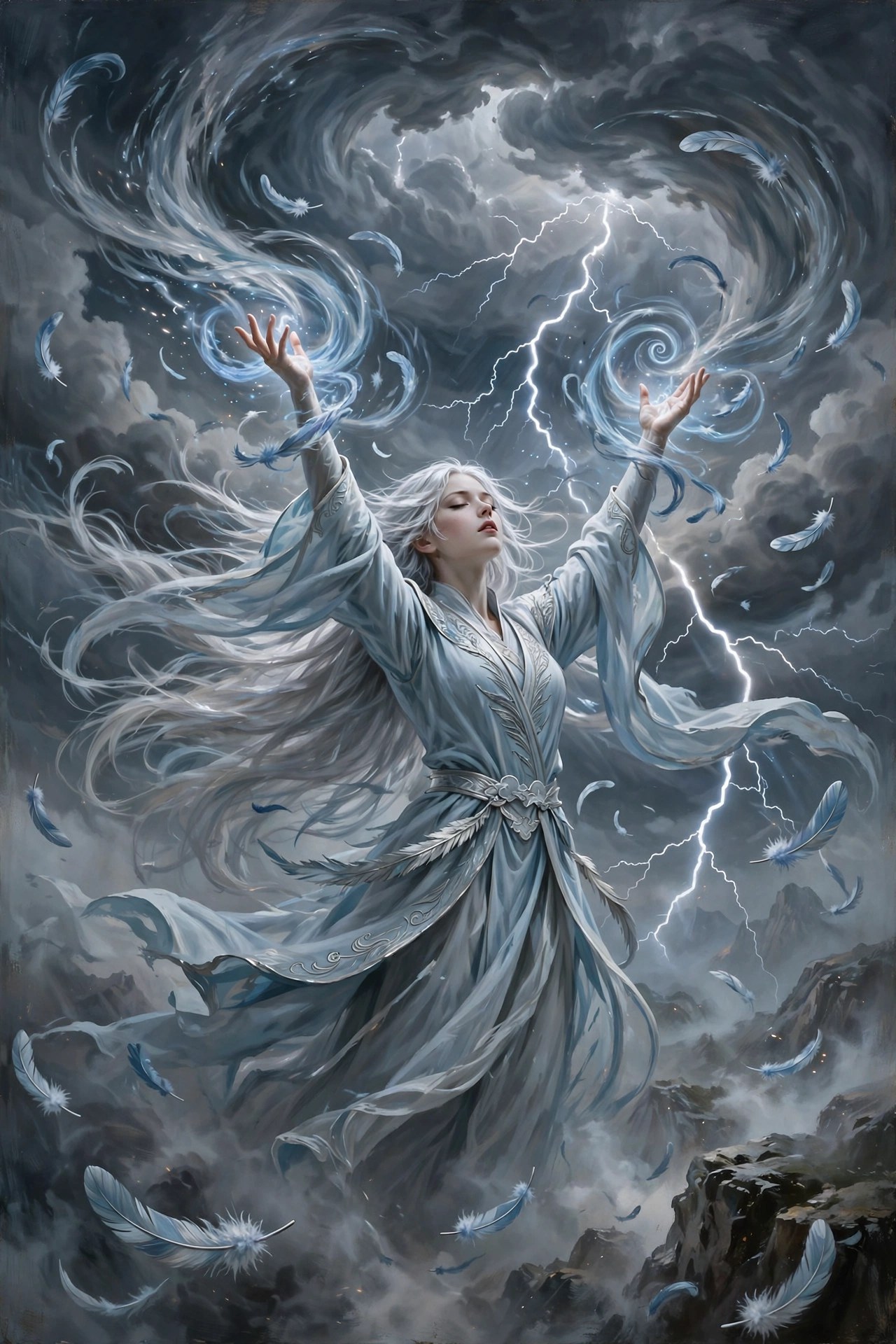 AI-generated dramatization art: Leyra calling a storm