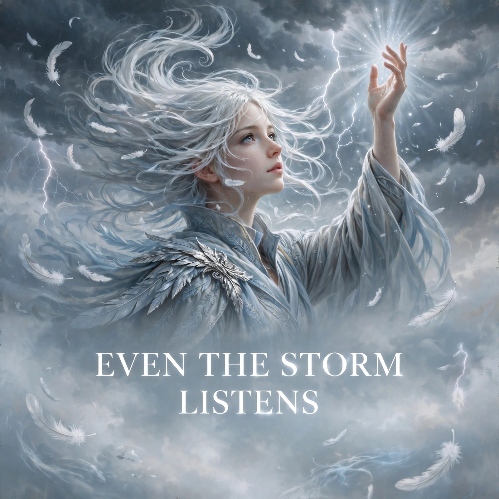 AI-generated dramatization art, downloadable social image: Even the Storm Listens