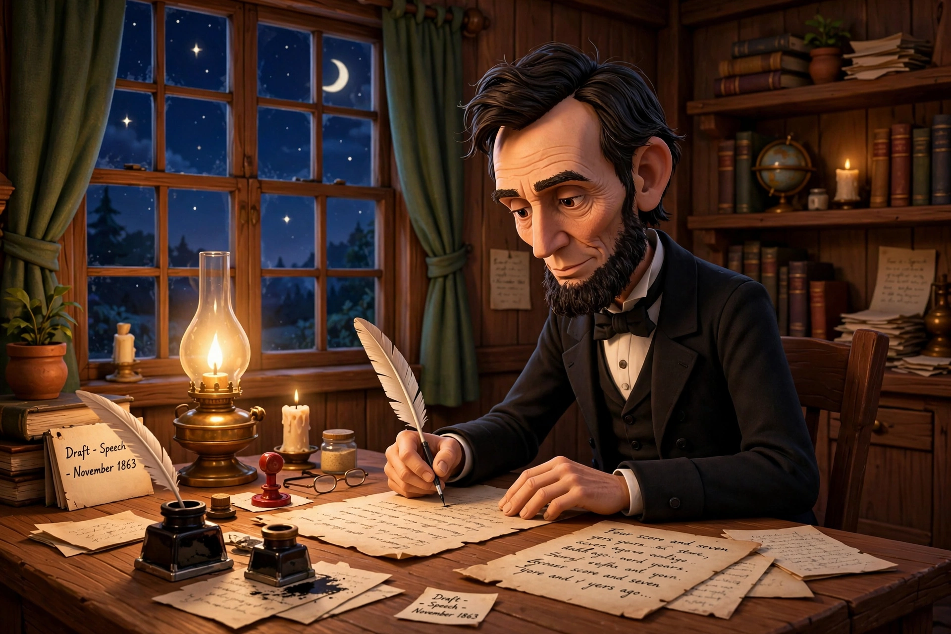 AI-generated illustration of the animated Lincoln character writing with a quill by lamplight, with decorative Gettysburg draft pages