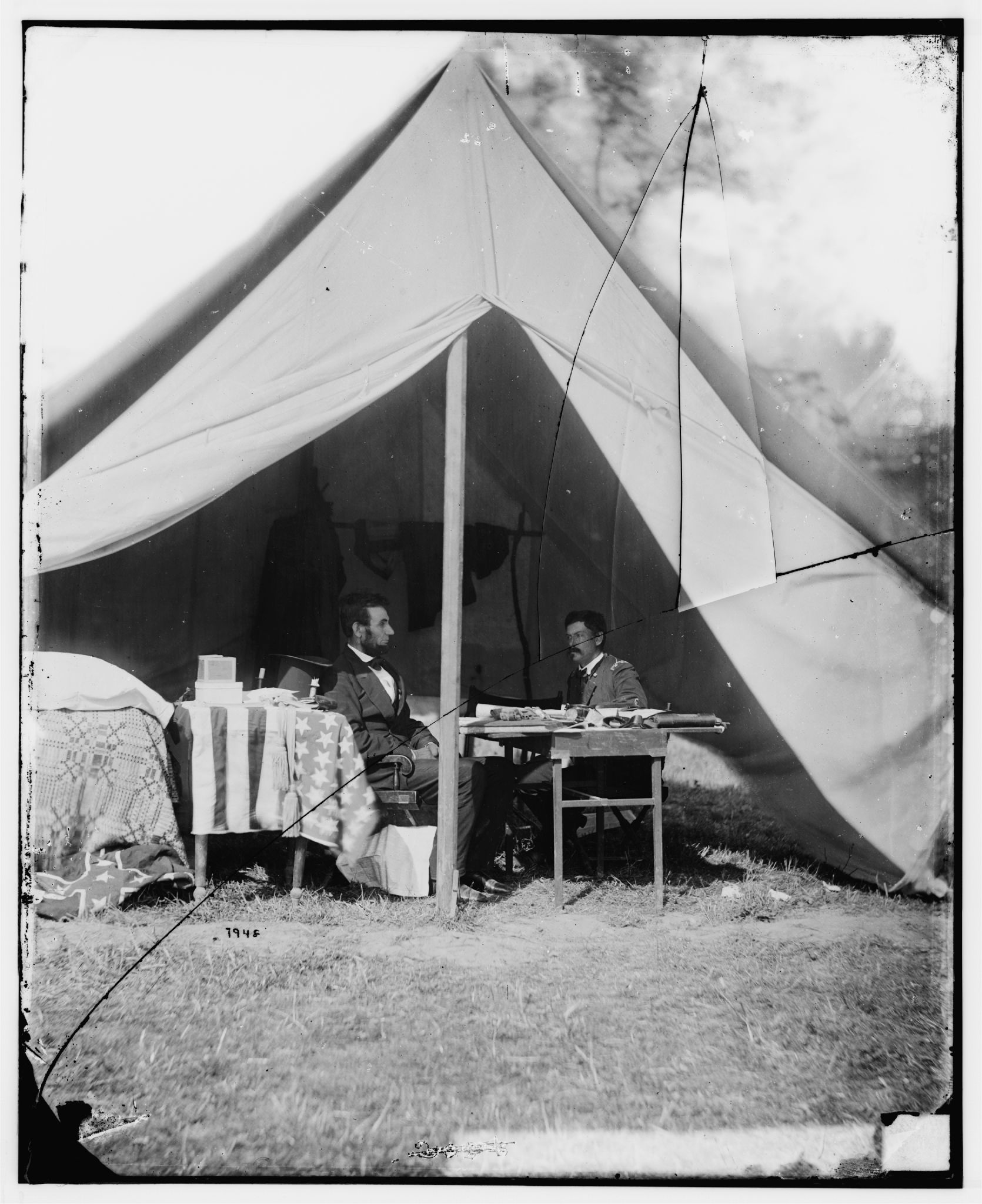 Lincoln with General George B. McClellan in McClellan's tent at Antietam, October 1862, by Alexander Gardner