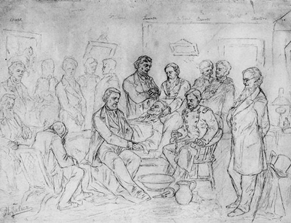 Contemporary 1865 sketch of Lincoln's deathbed in the Petersen House