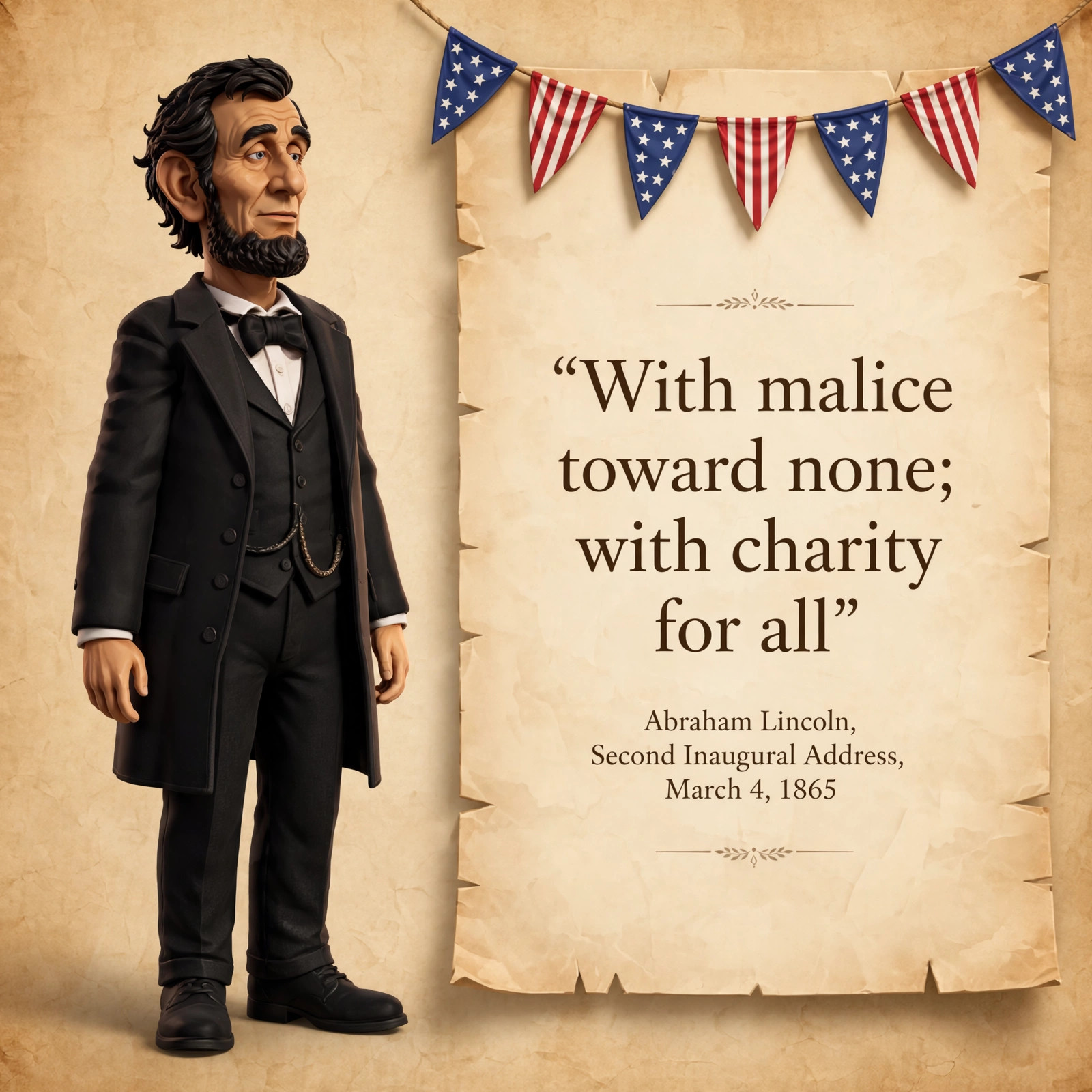 Shareable quote card: the animated Lincoln character beside the quote 'With malice toward none; with charity for all'
