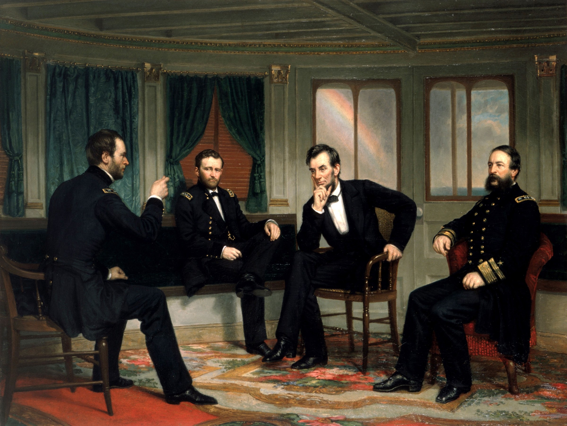 George P.A. Healy's 1868 painting 'The Peacemakers': Lincoln with Grant, Sherman, and Porter aboard the River Queen, March 1865