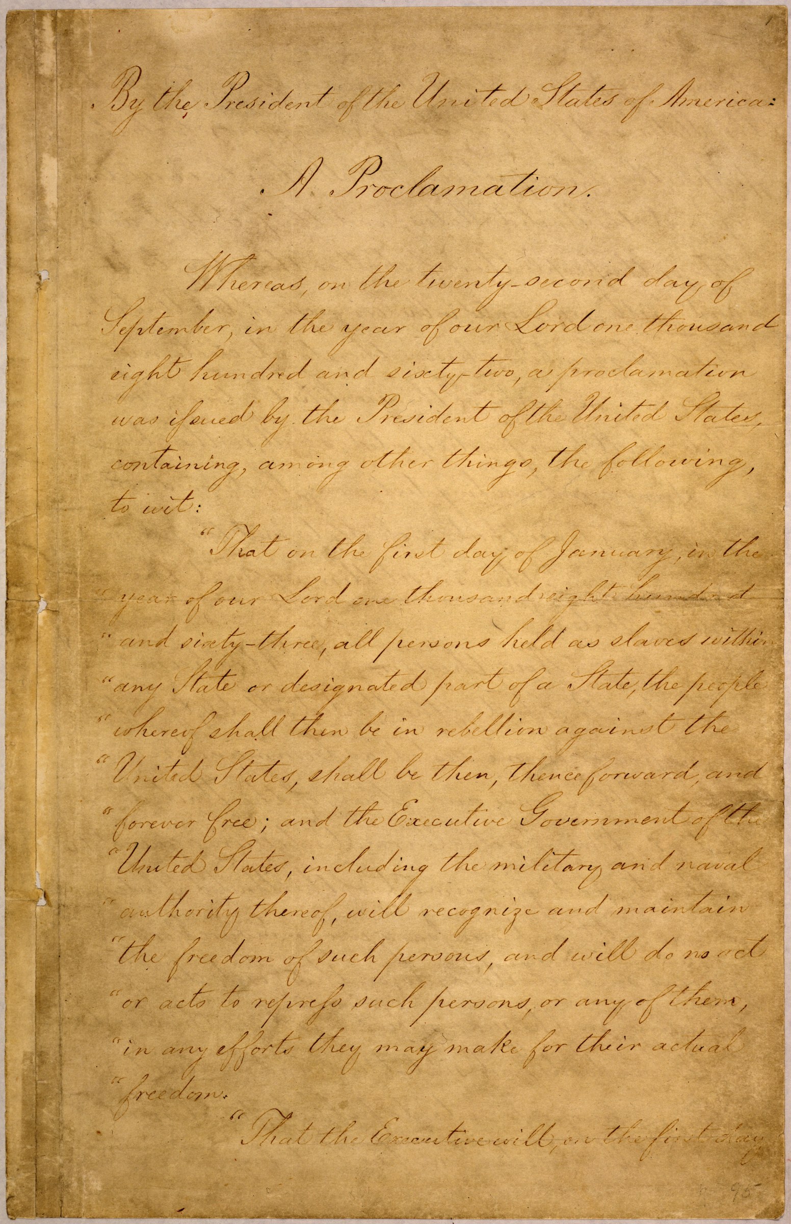 The Preliminary Emancipation Proclamation of September 22, 1862 — the document warning that slaves in rebellious states would be freed on January 1, 1863
